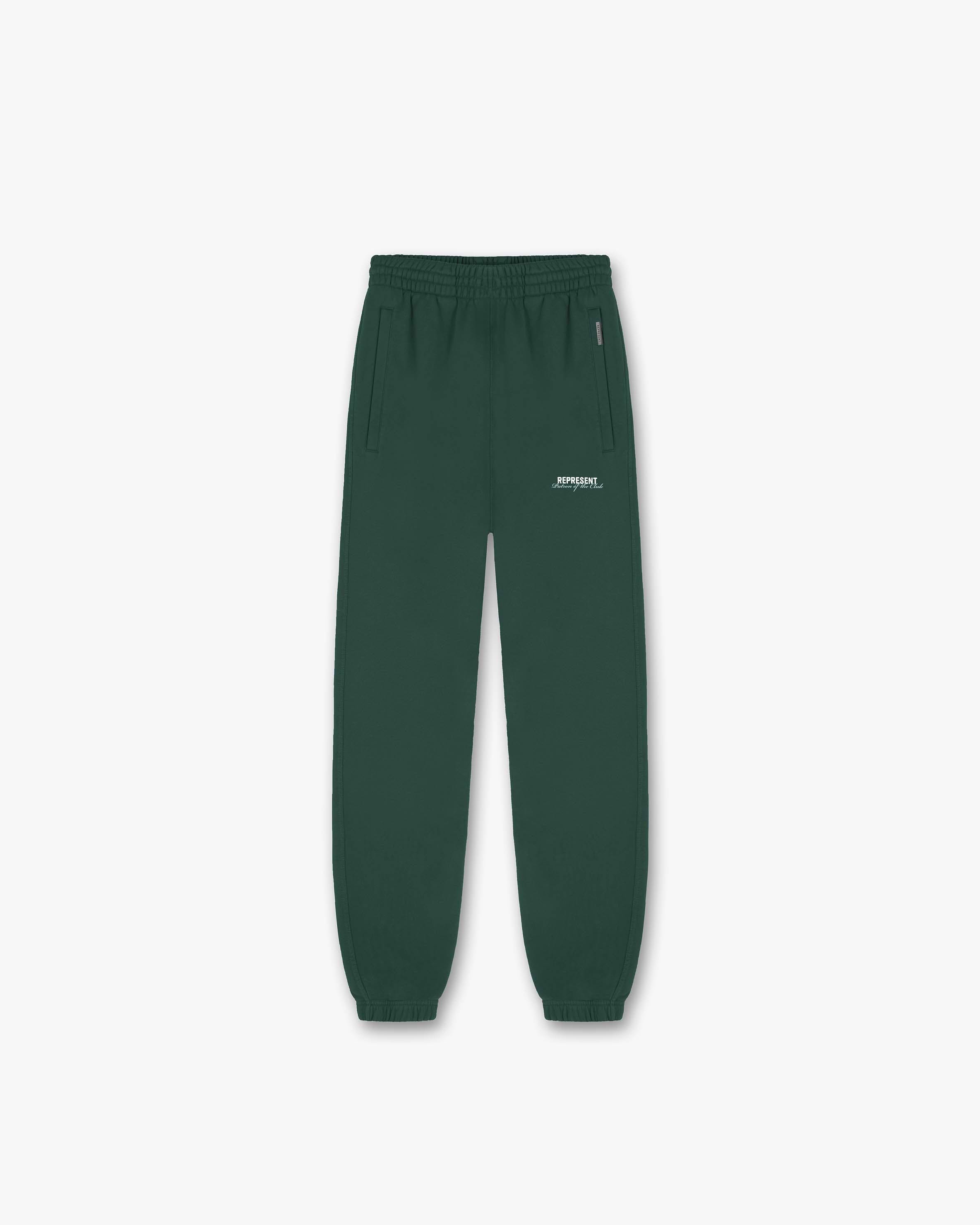 Front product image of a mens green sweatpant on a plain white background | Patron Of The Club Sweatpant in Forest Green | Relaxed fit joggers with an elasticated waistband | Patrons Pants | Represent Clo