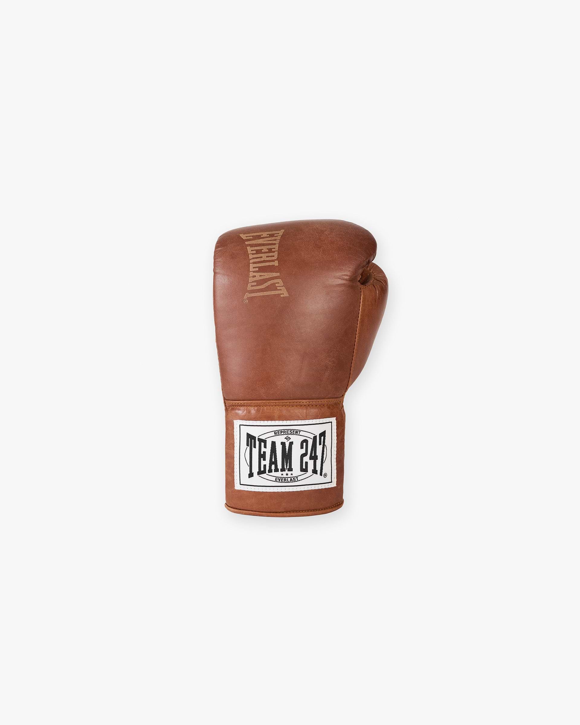 Front product image of mens brown boxing gloves on a plain white background | 247 X Everlast Boxing Gloves in Washed Brown | Boxing gloves with durable construction | 247 Accessories | Represent Clo