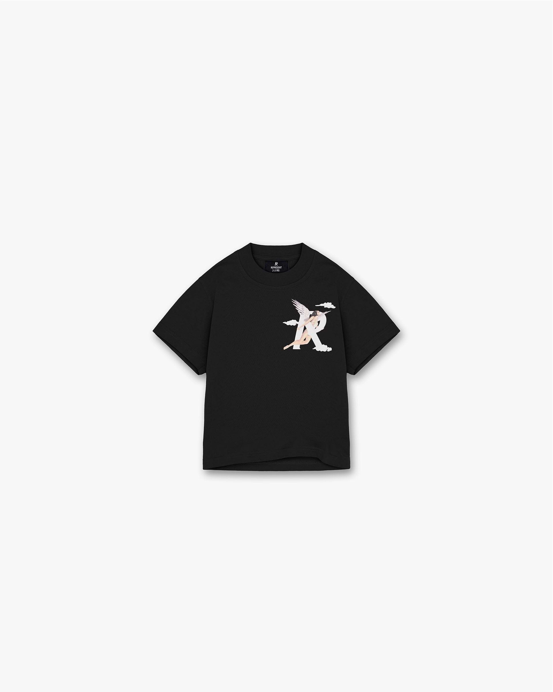 Front product image of a childs black t-shirt on a plain white background | Mini Storms In Heaven T-Shirt in Jet Black | Graphic t-shirt with storm print | Mini T-Shirts | Represent Clo
