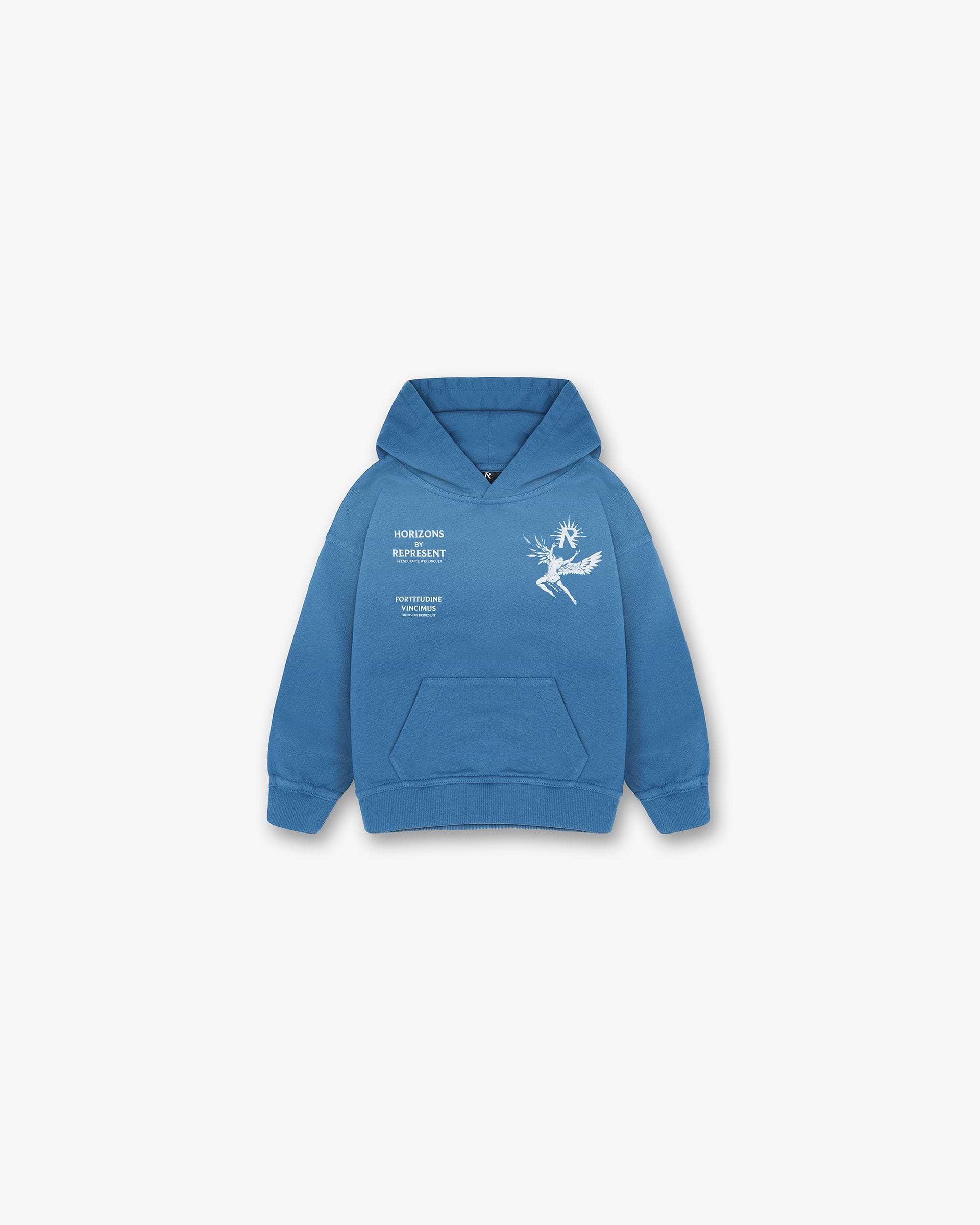Front product image of a childs blue hoodie on a plain white background | Mini Icarus Hoodie in Sky Blue | Comfortable childs hoodie | Mini Hoodies | Represent Clo