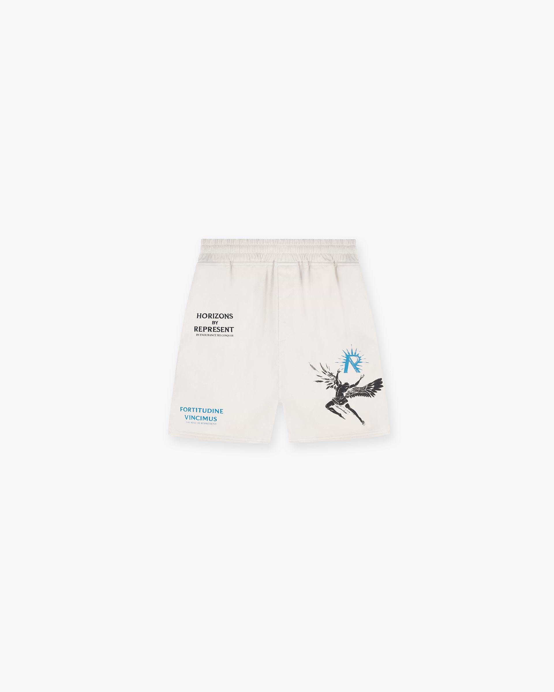 Front product image of mens white gym shorts on a plain white background | Icarus Short in Off White | Gym shorts with internal drawcords and 247 branding | SS24 Shorts | Represent Clo