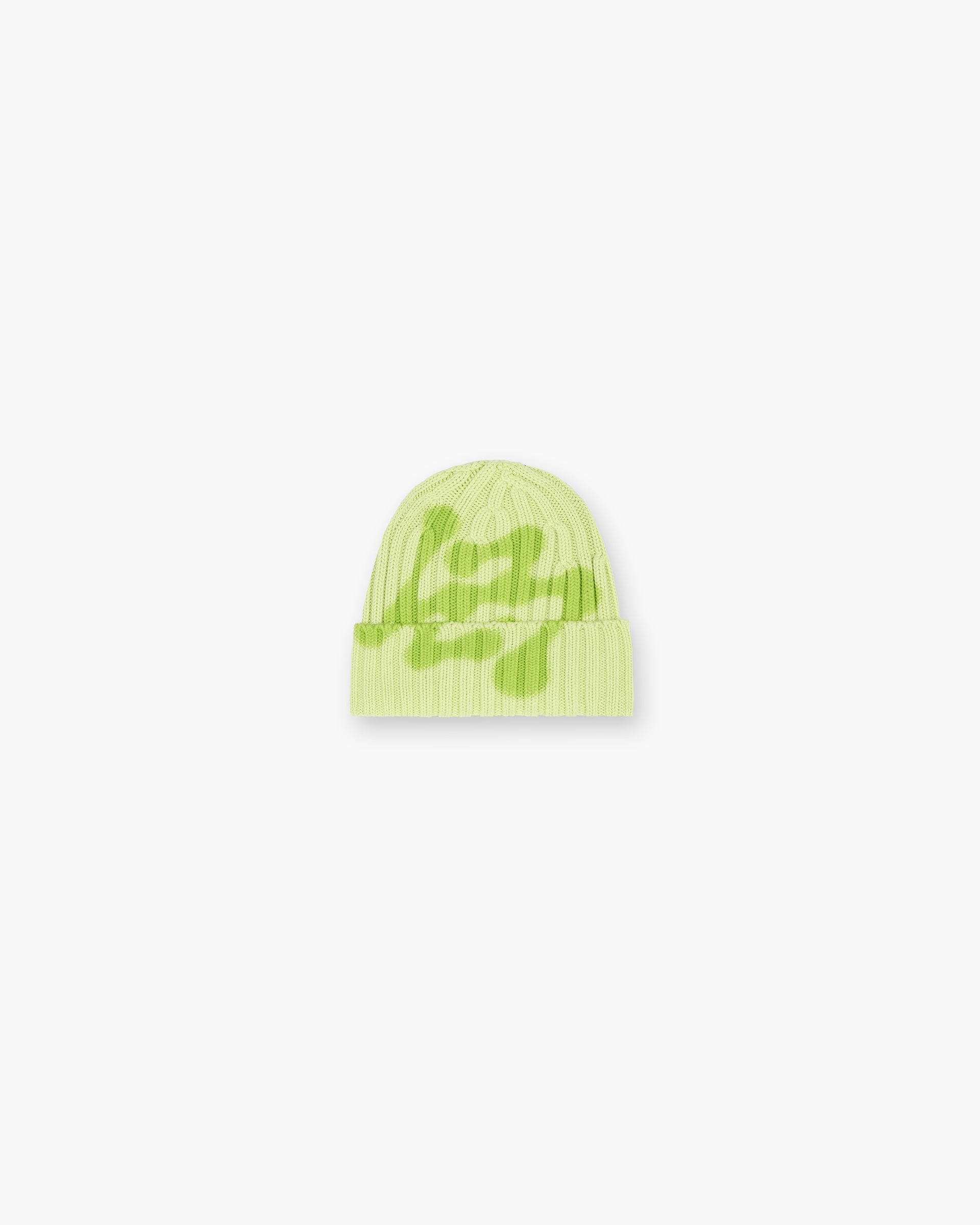 Front product image of a mens lime green beanie on a plain white background | 247 Heavy Rib Beanie in Shadow Lime | Ribbed knit beanie | 247 Accessories | Represent Clo
