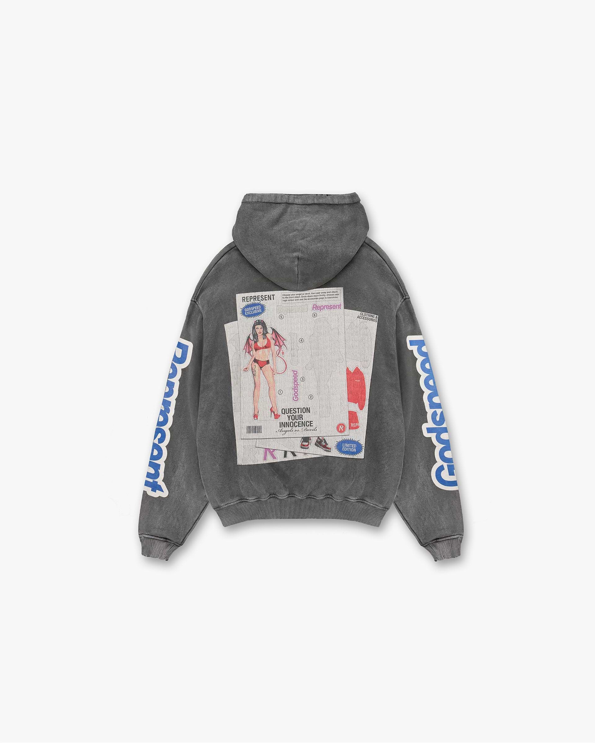 Back product image of a mens grey hoodie on a plain white background | Question Your Innocence Hoodie in Vintage Grey | Hoodie with cracked print graphic and Cobrax popper | FW24 Hoodies | Represent Clo