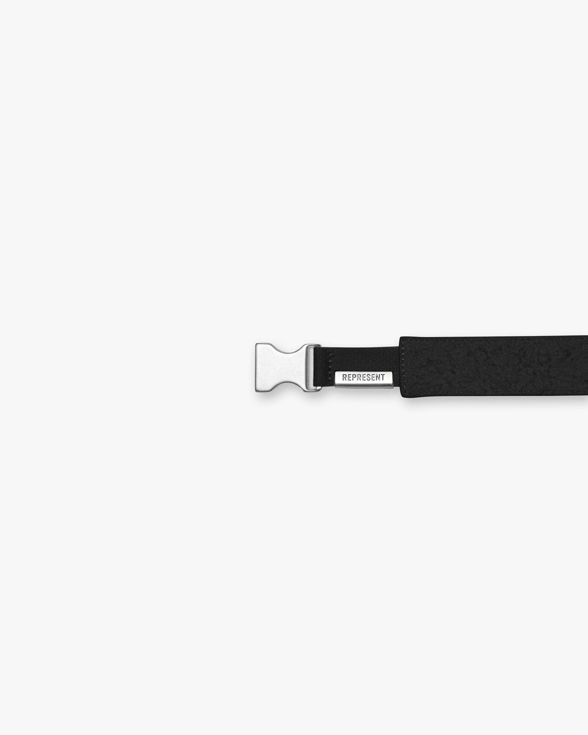 Back product image of a mens black belt on a plain white background | Represent Belt in Black | Hairy suede belt with tumbled leather back | SS24 Accessories | Represent Clo