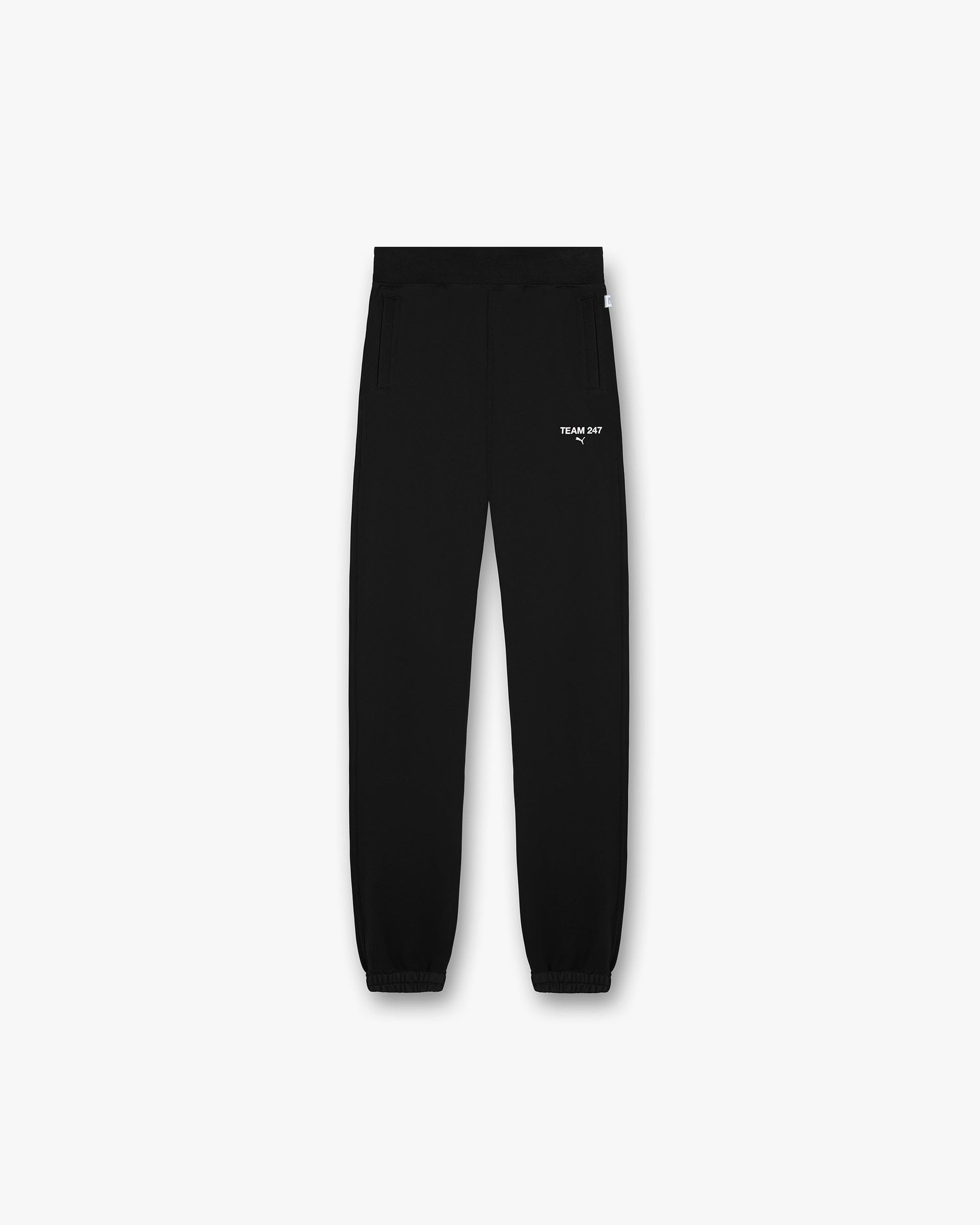 Front product image of mens black sweatpants on a plain white background | 247 X Puma Sweatpant in Black | Comfortable slim fit pants | 247 Pants | Represent Clo