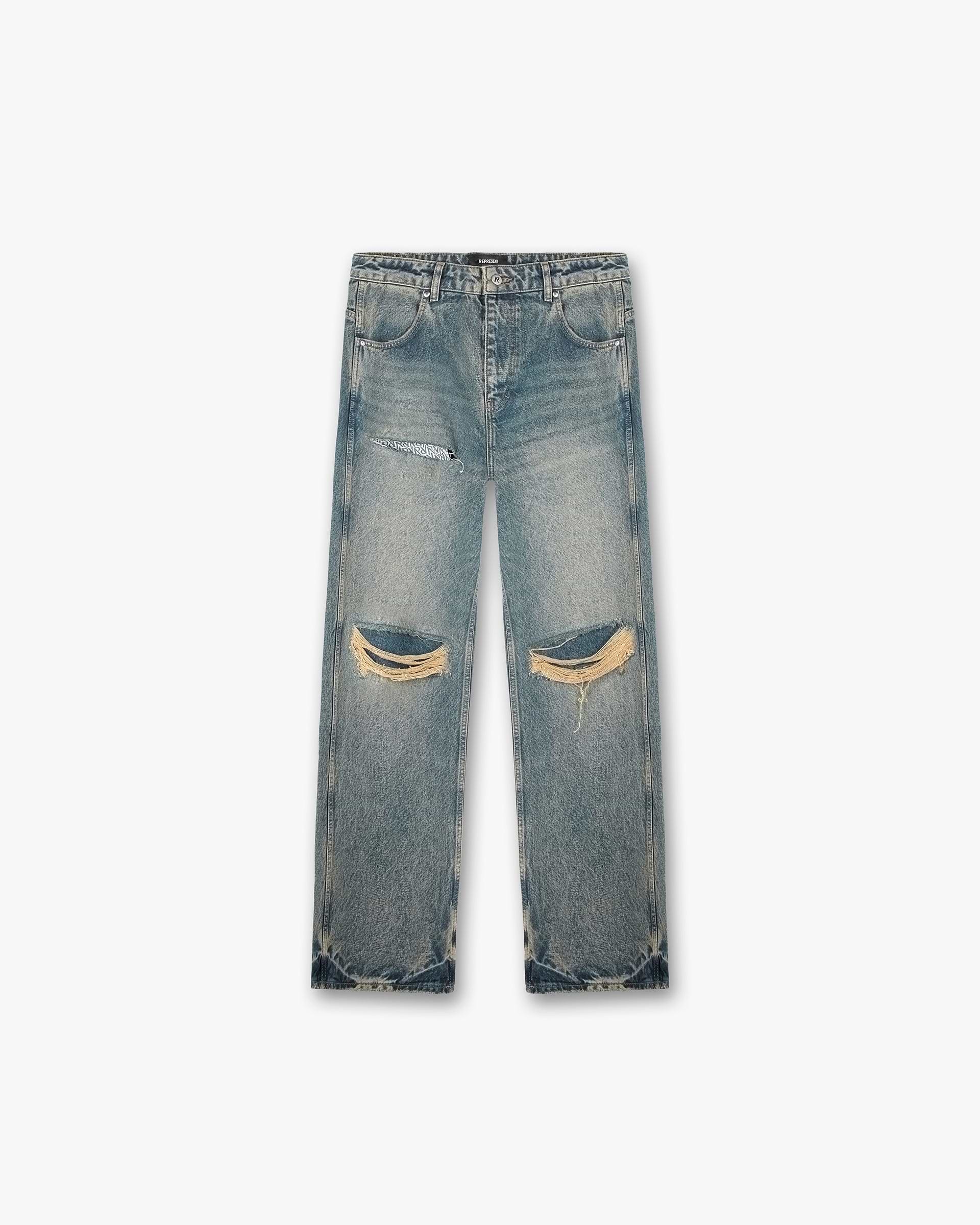 Front product image of mens blue cream denim on a plain white background | R3D Destroyer Baggy Denim in Blue Cream | Baggy fit denim | SS24 Denim | Represent Clo