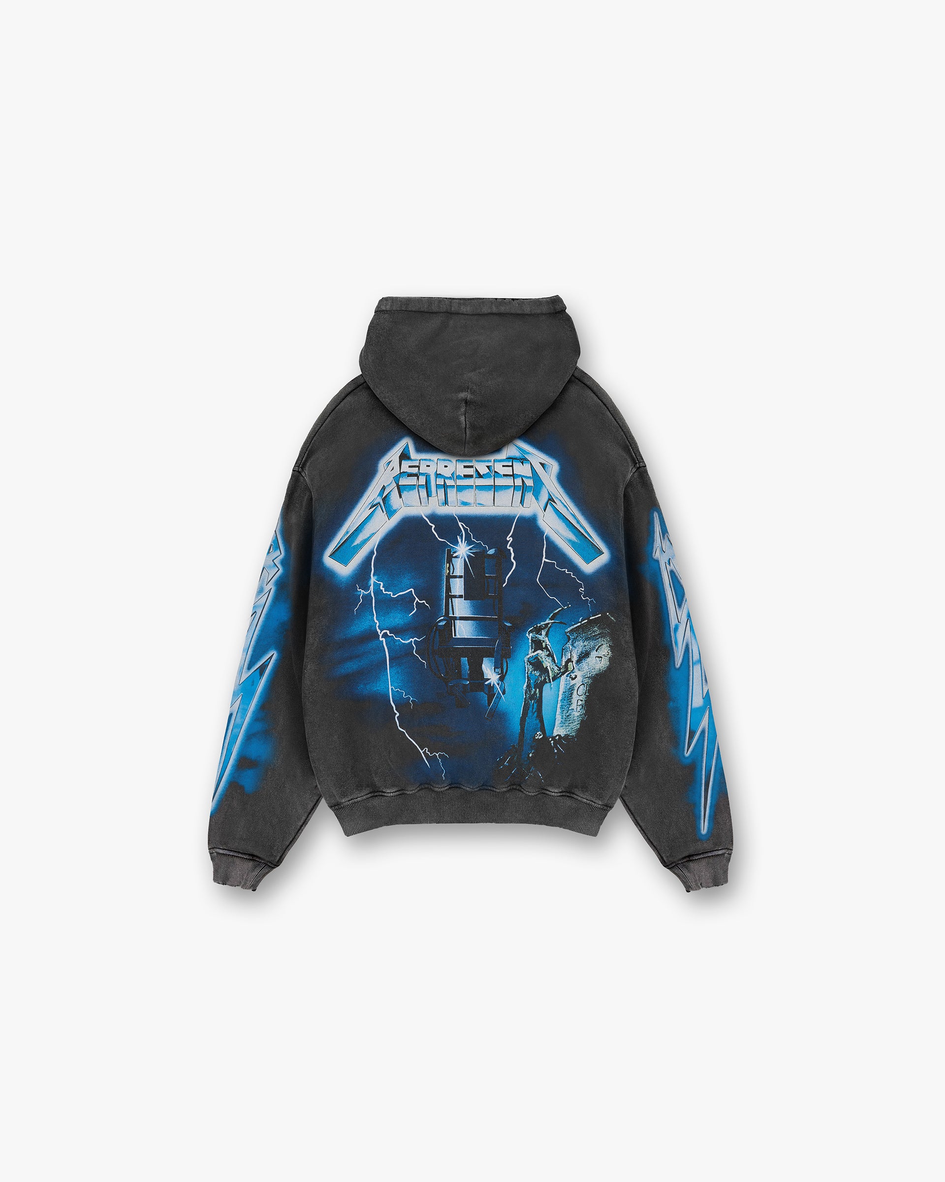Back product image of a mens grey hoodie on a plain white background | Represent X Metallica Ride The Lightning Hoodie in Vintage Grey | Hoodie with screen print graphics and distressing details | SS24 Hoodies | Represent Clo