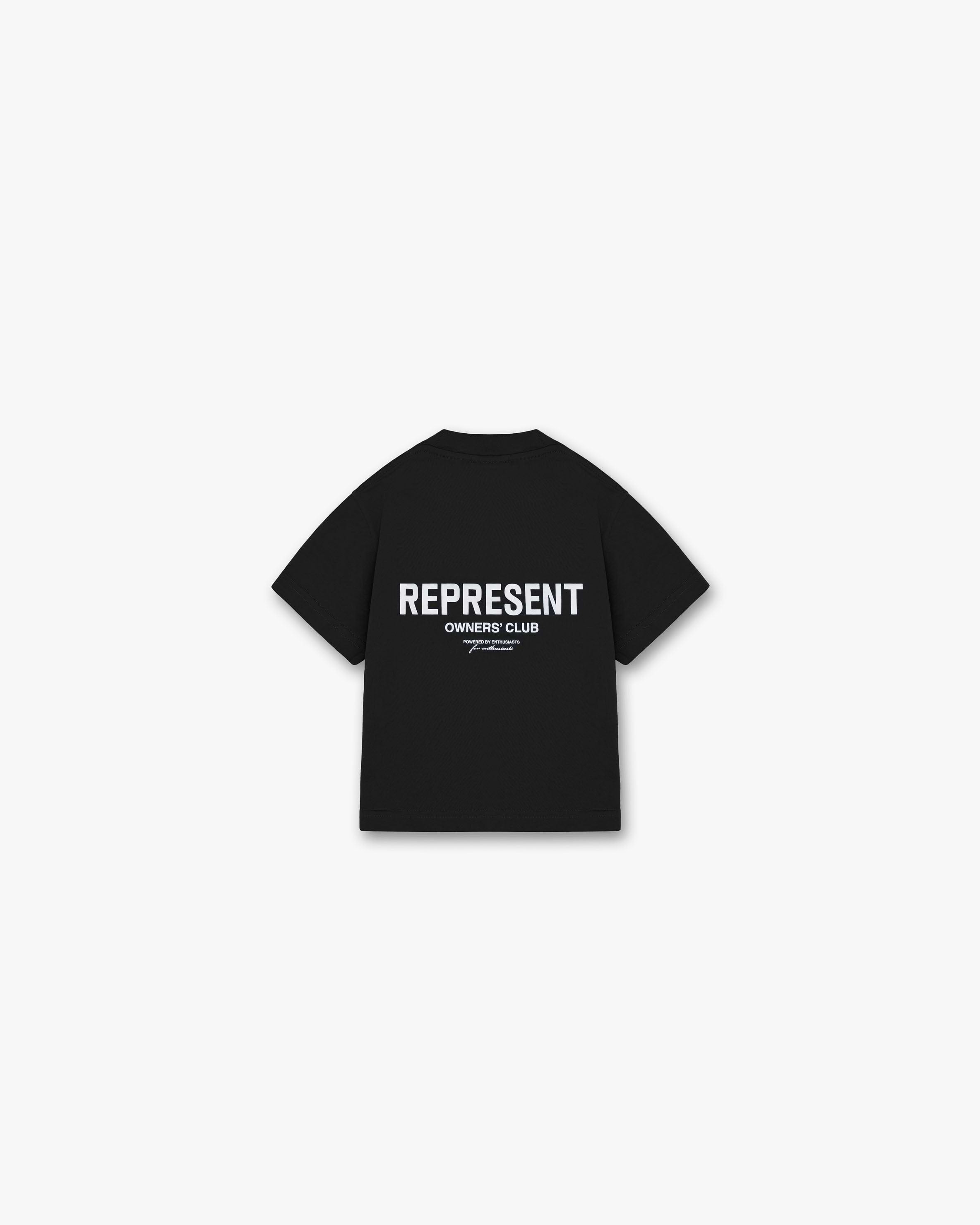 Front product image of a mens black t-shirt on a plain white background | Represent Mini Owners Club T-Shirt in Black | Oversized breathable gym t-shirt | Owners Club T-Shirts | Represent Clo