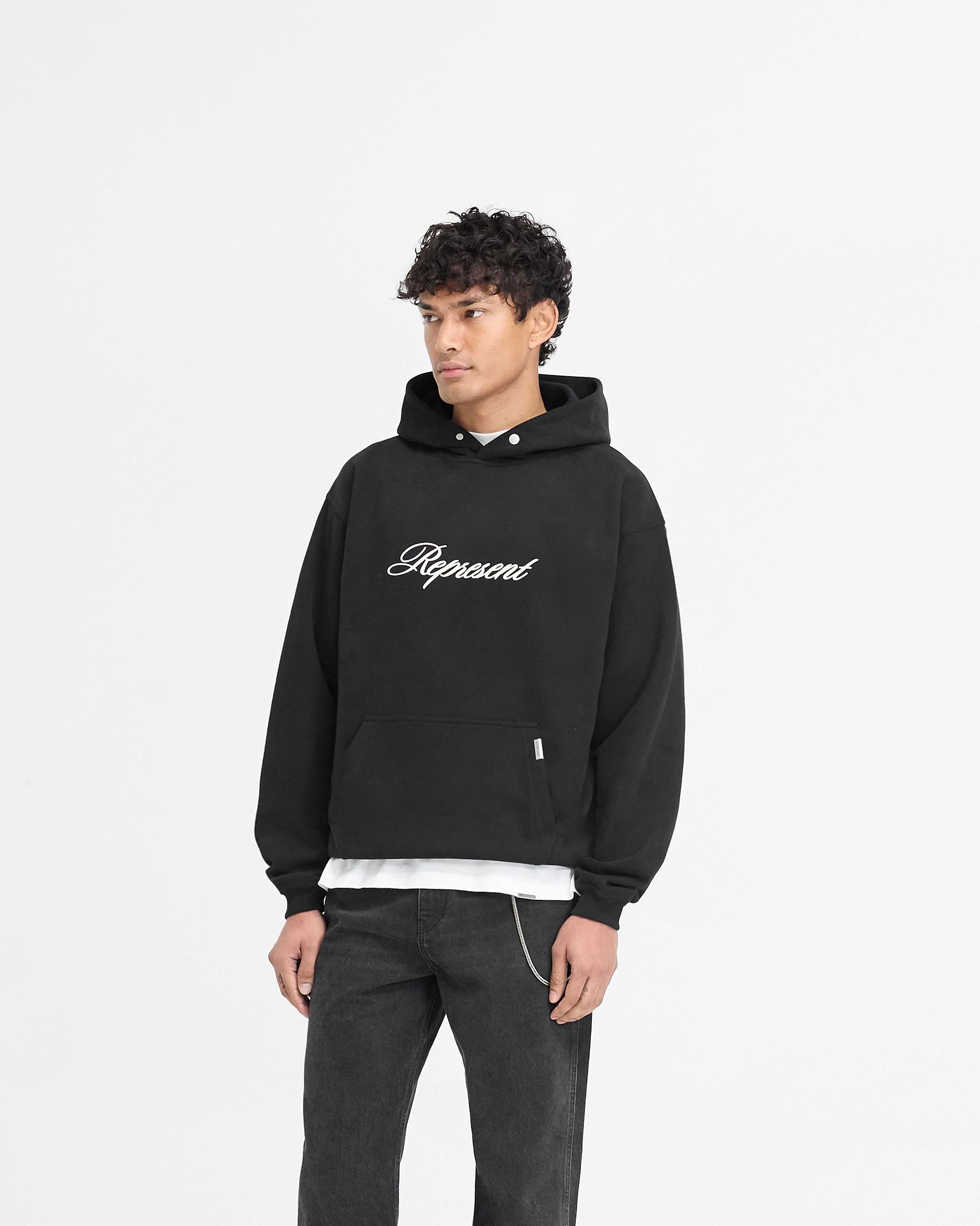 Back product image of a mens black hoodie on a plain white background | Script Logo Hoodie in Black | Slightly oversized hoodie with high build embroidery | PRE SS25 Hoodies | Represent Clo