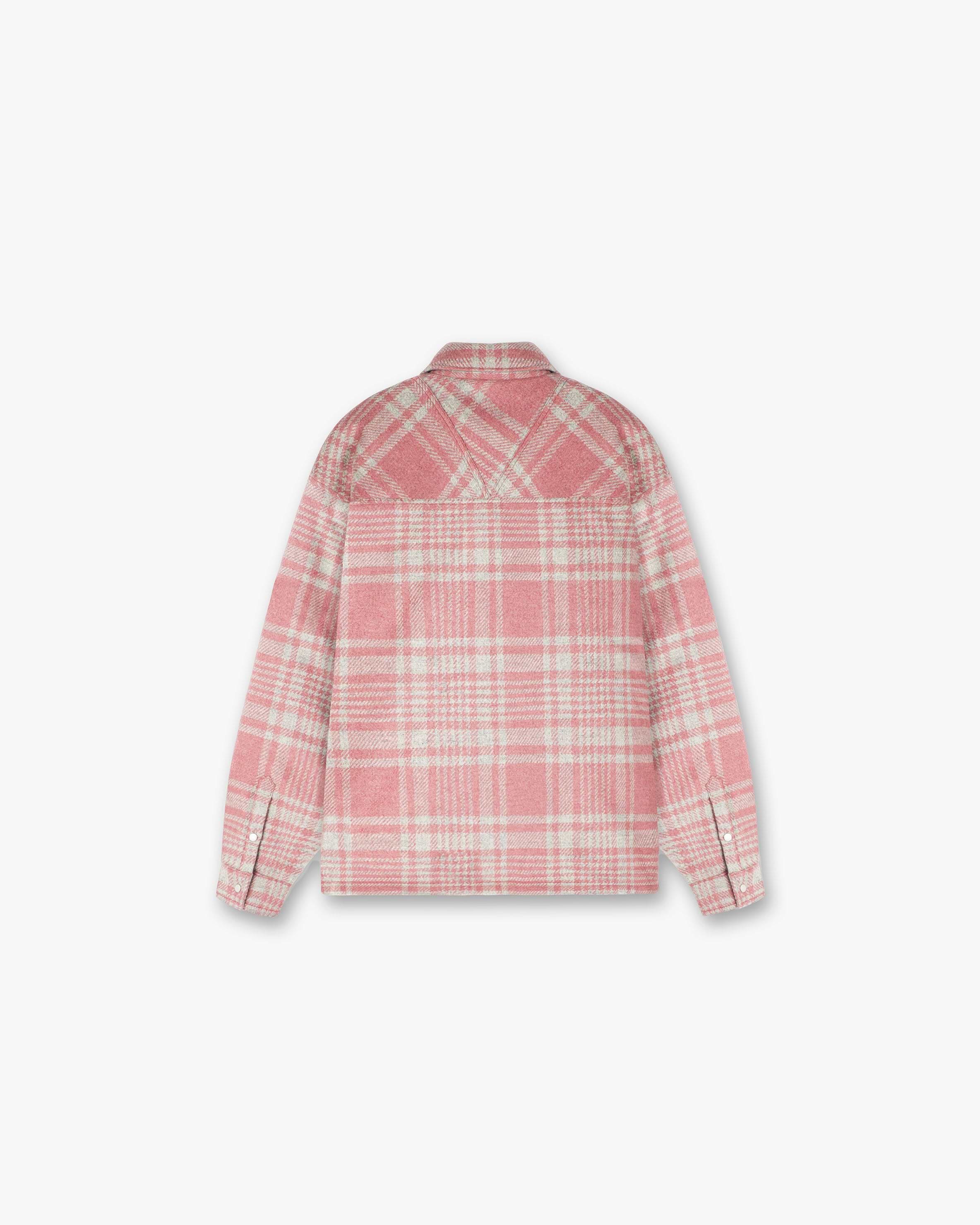 Back product image of a mens pink and grey checked shirt on a plain white background | Quilted Flannel Shirt in Pink Grey Check | Quilted flannel shirt with patch zip pockets and split hem | PRE SS24 Shirts | Represent Clo