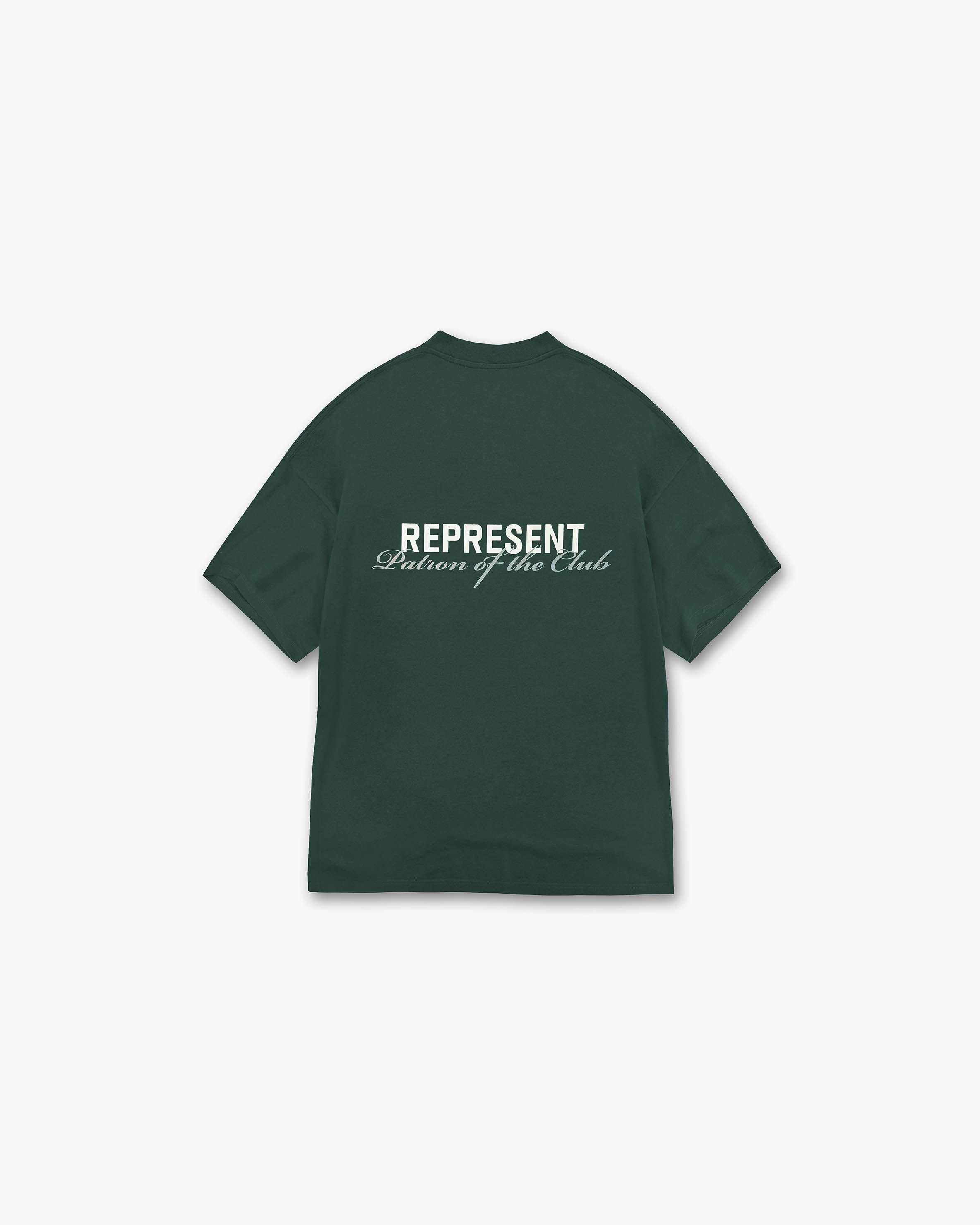 Back product image of a mens green t-shirt on a plain white background | Patron Of The Club T-Shirt in Forest Green | Oversized t-shirt with patron branding | Patrons T-Shirts | Represent Clo