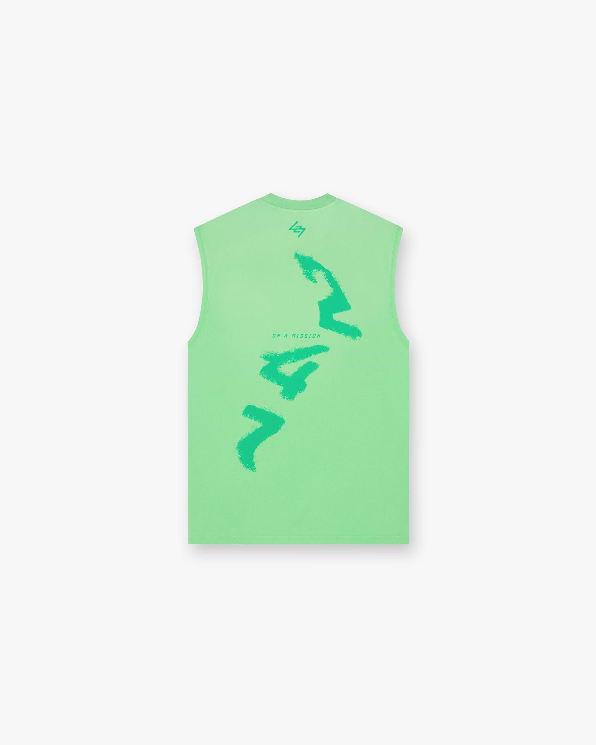 Front product image of a mens green tank top on a plain white background | 247 Motion Oversized Tank in Speed Green | Oversized tank with vintage 247 typography and spartan graphic | 247 T-Shirts | Represent Clo