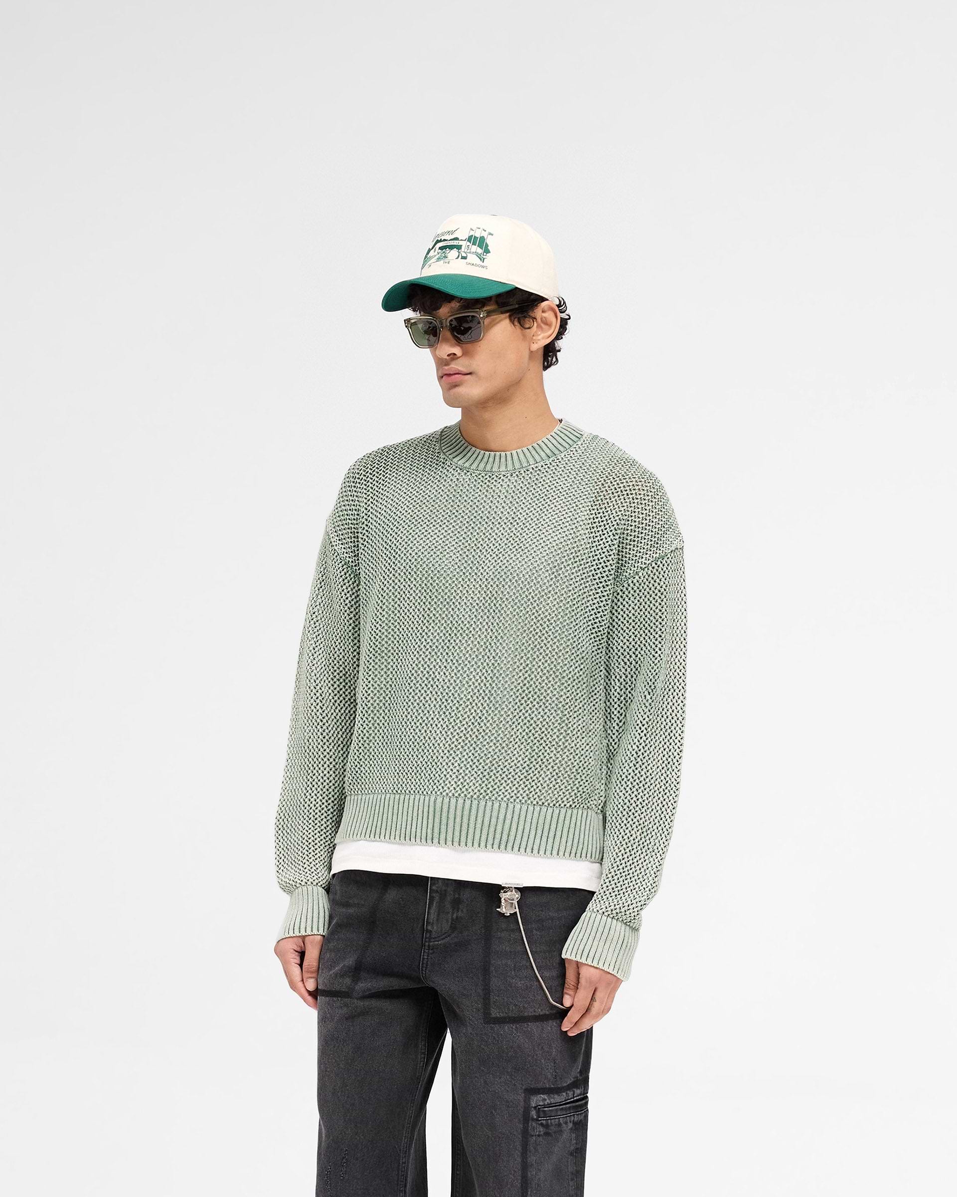 Back product image of a mens green knit sweater on a plain white background | Open Gauge Knit Sweater in Forest Green | Oversized fit sweater with ribbed detailing | SS25 Knitwear | Represent Clo