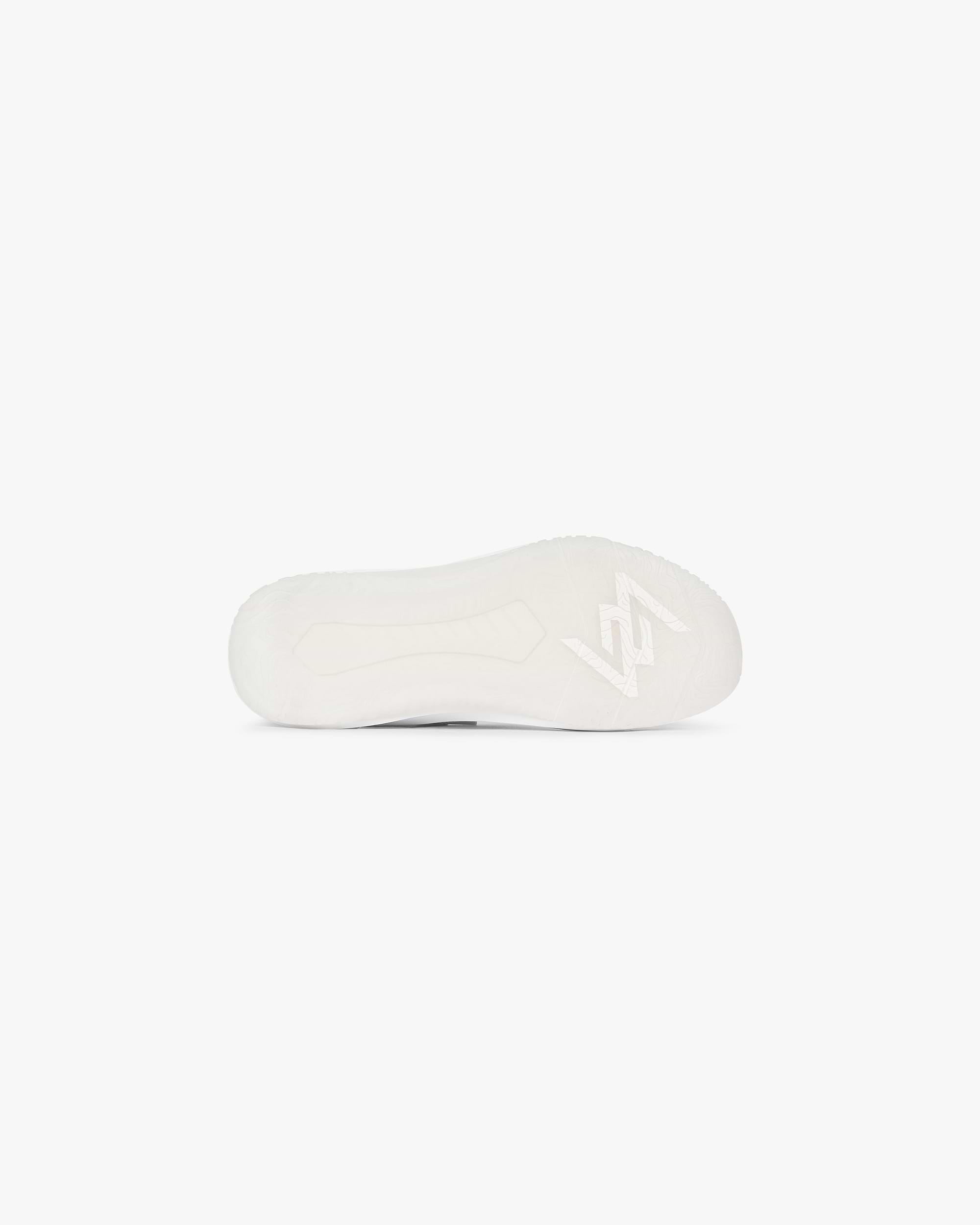 Back product image of a mens white trainer on a plain white background | 247 Arc-2 Trainer in Flat White | Trainer with engineered knitted upper and TPU overlays | 247 Footwear | Represent Clo