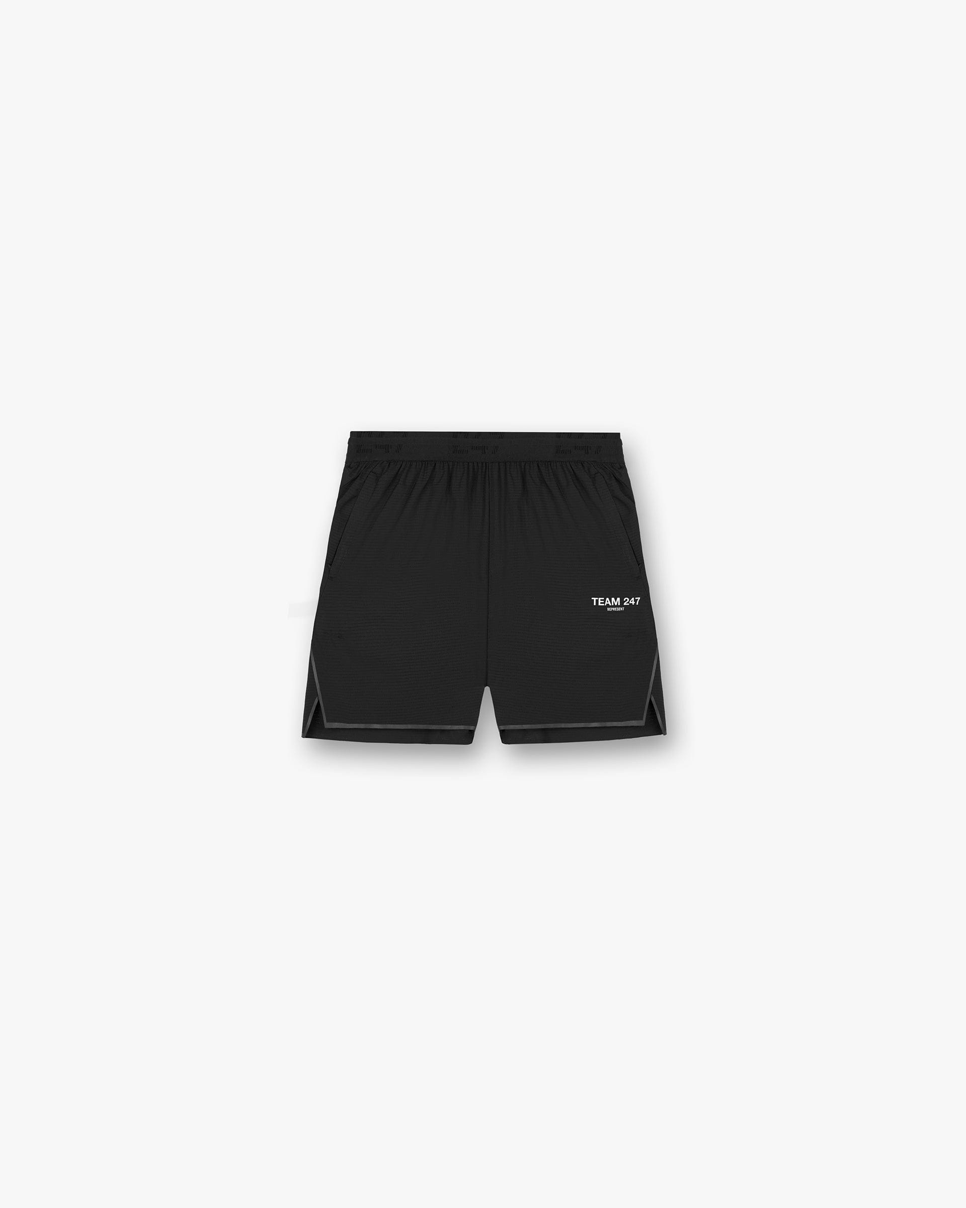 Front product image of mens black shorts on a plain white background | Team 247 Aero Short in Black | Lightweight sporty shorts | 247 Shorts | Represent Clo