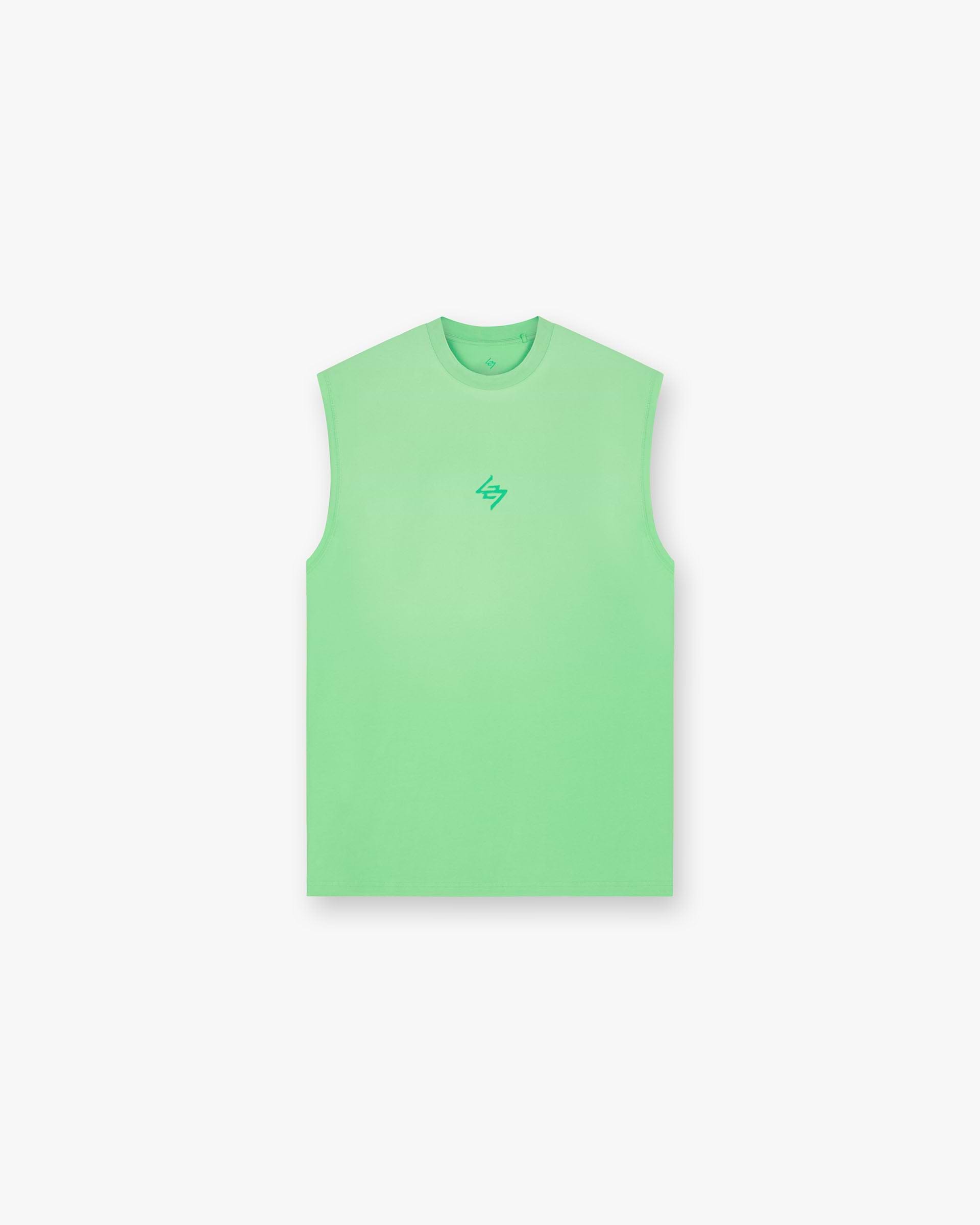 Back product image of a mens green tank top on a plain white background | 247 Motion Oversized Tank in Speed Green | Oversized tank with graphic print | 247 T-Shirts | Represent Clo
