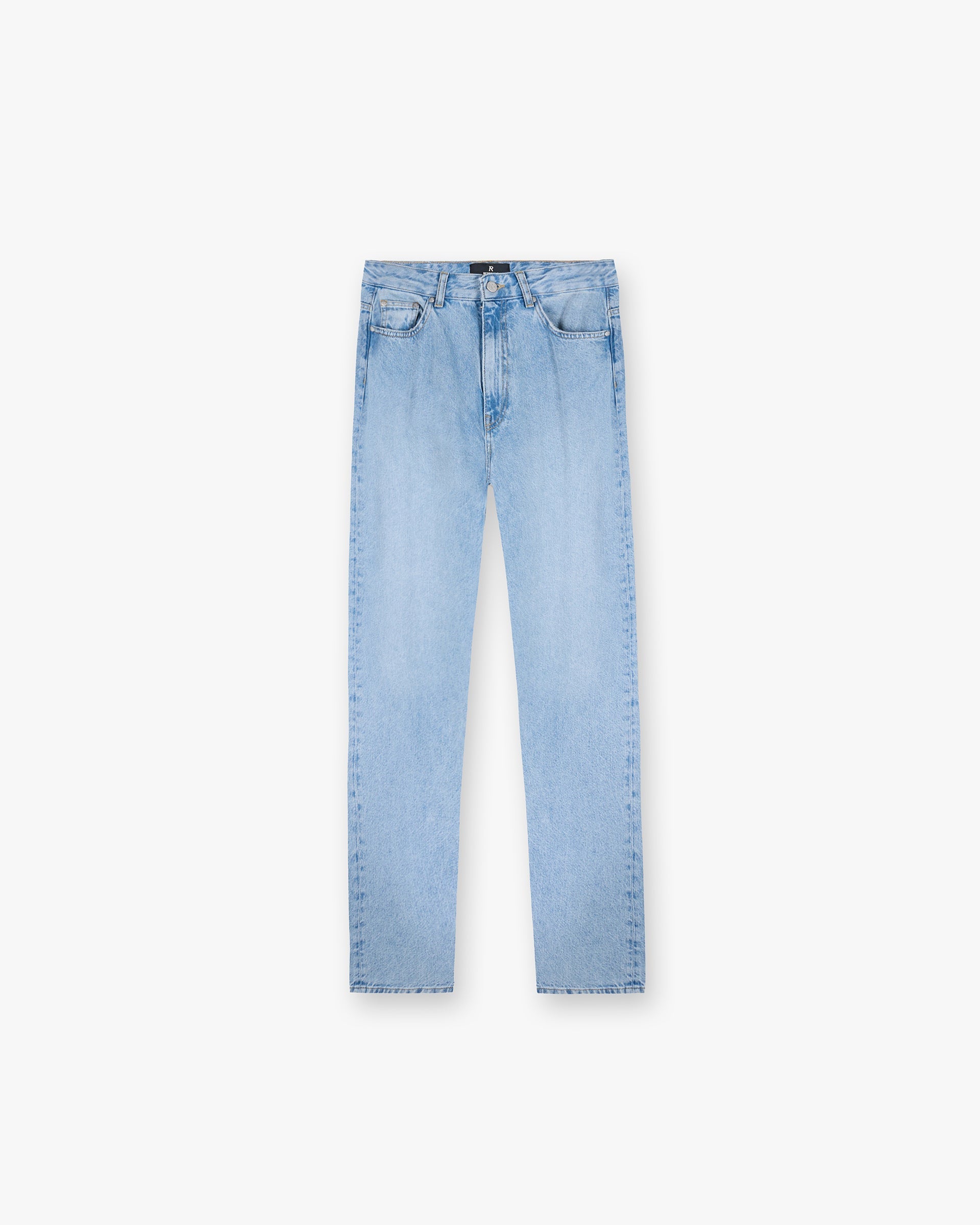 Front product image of a womens blue jean on a plain white background | High Rise Straight Jean in Washed Blue | Straight fit high rise jeans | Womens SS25 Jeans | Represent Clo