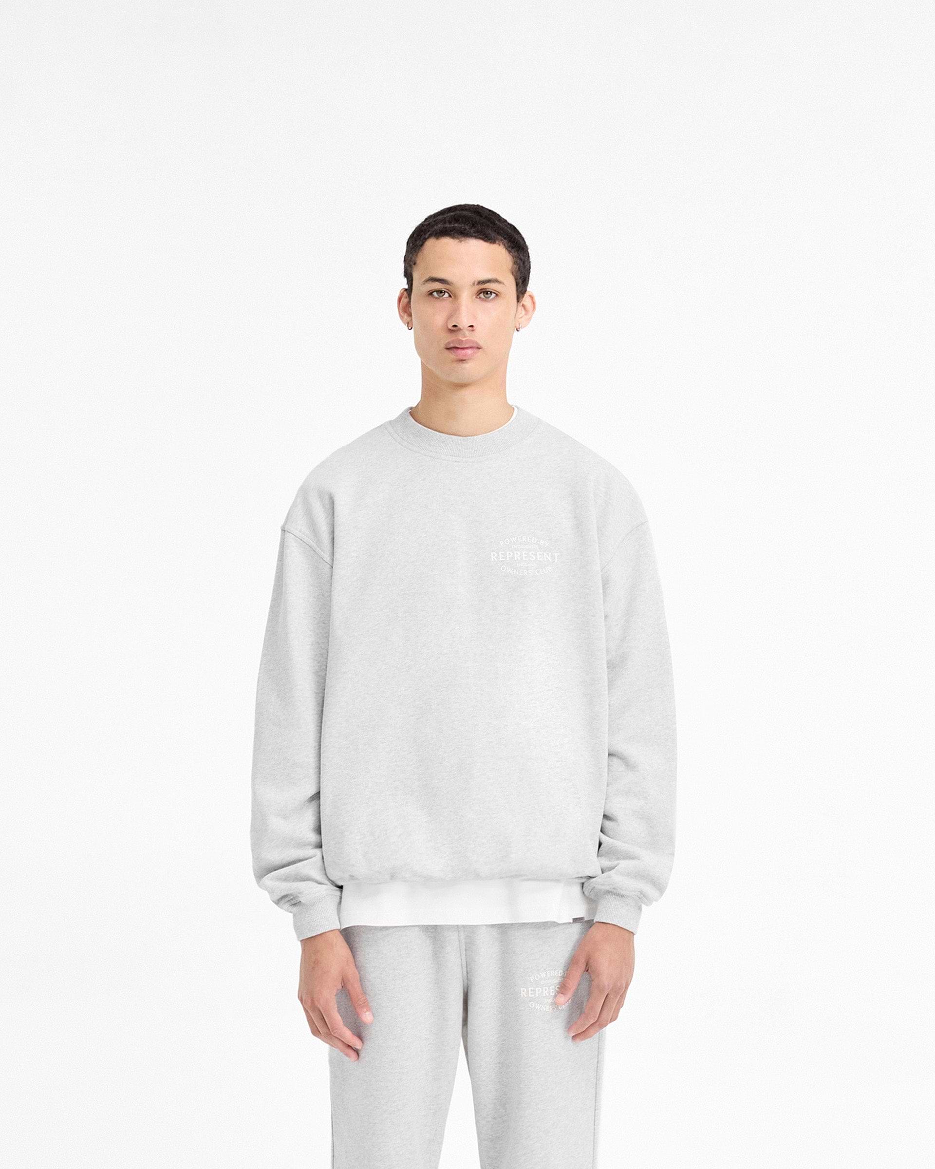 Man wearing a grey sweater on a plain white background | Represent Owners Club Stamp Sweater in Ash Grey | Heavy weight jersey cotton sweater with ribbed collar | Owners Club Sweaters | Represent Clo