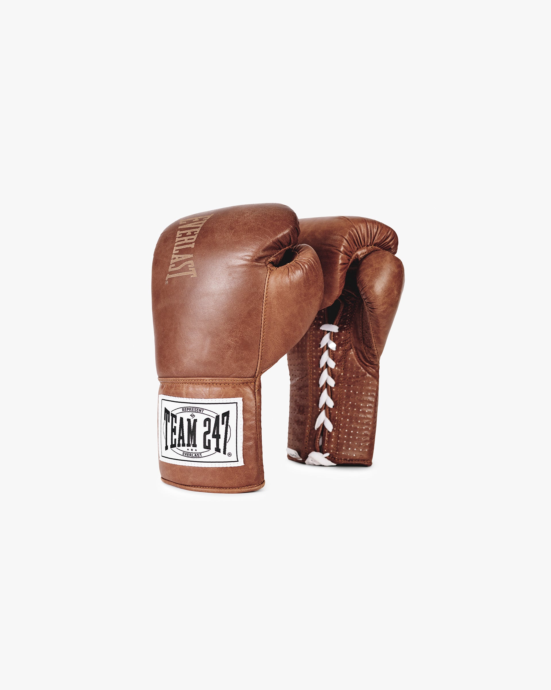 Back product image of mens brown boxing gloves on a plain white background | 247 X Everlast Boxing Gloves in Washed Brown | Premium leather boxing gloves with ventilated palms | 247 Accessories | Represent Clo