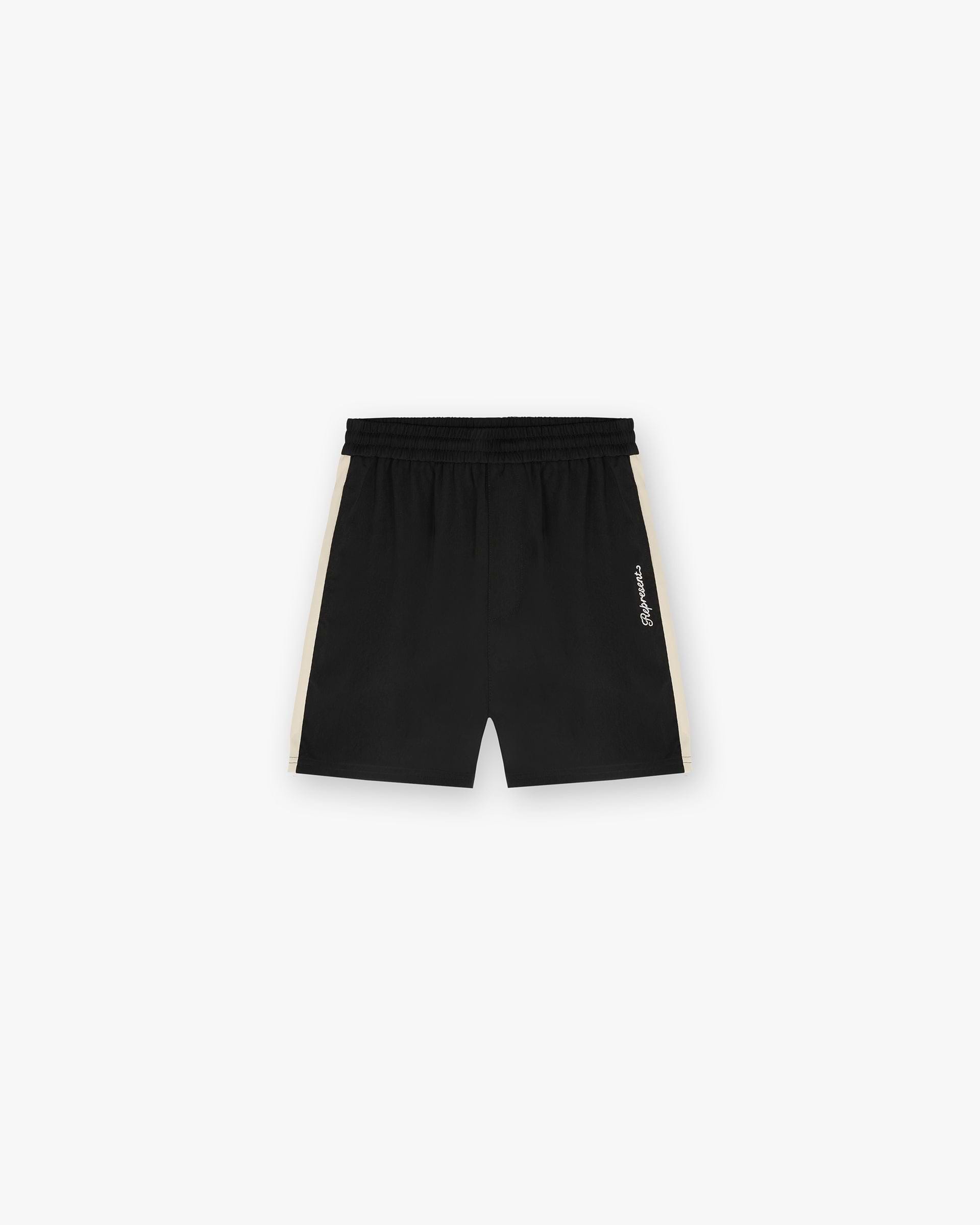 Front product image of mens black shorts on a plain white background | Track Short in Jet Black | Classic athletic silhouette shorts | SC24 Shorts | Represent Clo