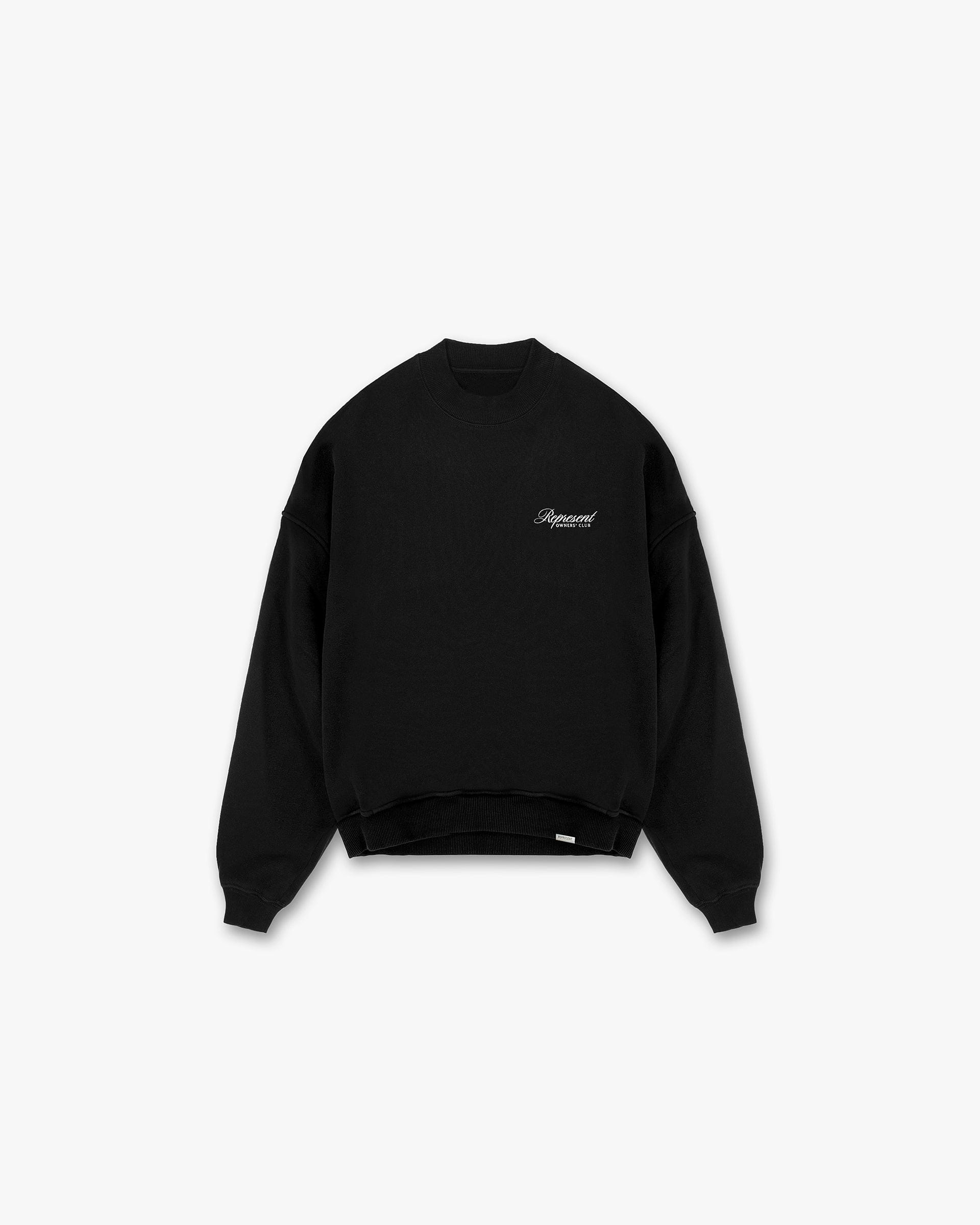 Front product image of a mens black sweater on a plain white background | Represent Owners Club Script Sweater in Black | Black sweater with signature script print | Owners Club Sweaters | Represent Clo