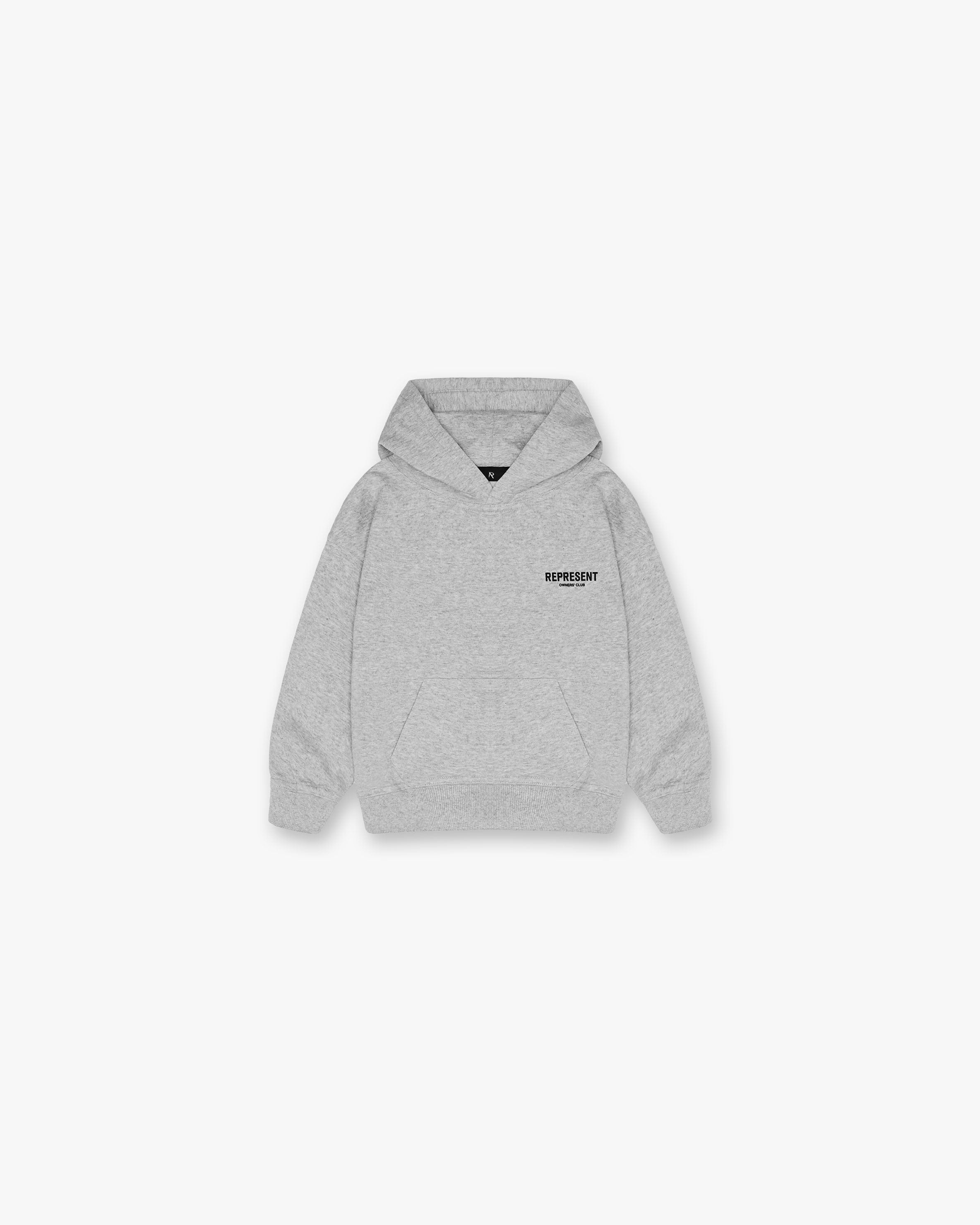 Back product image of a childs grey hoodie on a plain white background | Represent Mini Owners Club Hoodie in Ash Grey | Oversized kids hoodie with screen printed graphics | Owners Club Hoodies | Represent Clo