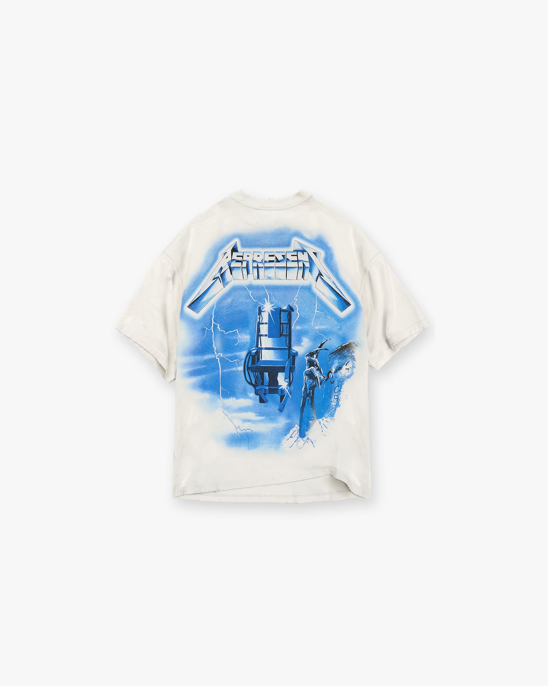 Back product image of a mens white t-shirt on a plain white background | Represent X Metallica Ride The Lightning T-Shirt in Flat White | T-Shirt with vintage graphics and distressed details | SS24 T-Shirts | Represent Clo