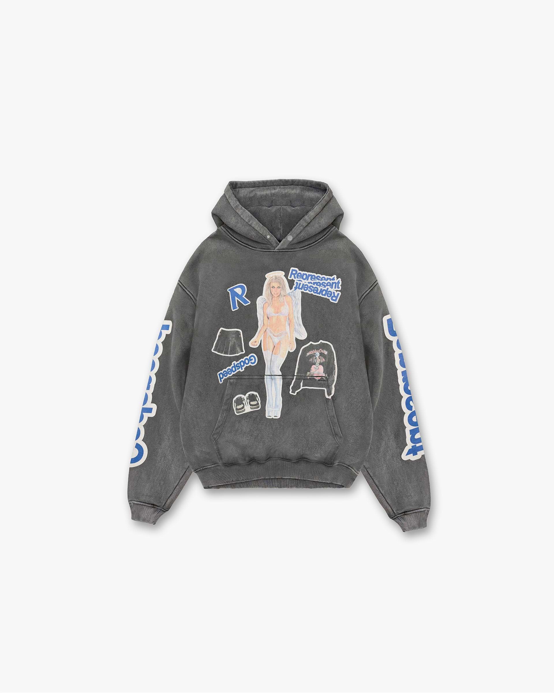Front product image of a mens grey hoodie on a plain white background | Question Your Innocence Hoodie in Vintage Grey | Oversized hoodie with screen print graphic | FW24 Hoodies | Represent Clo
