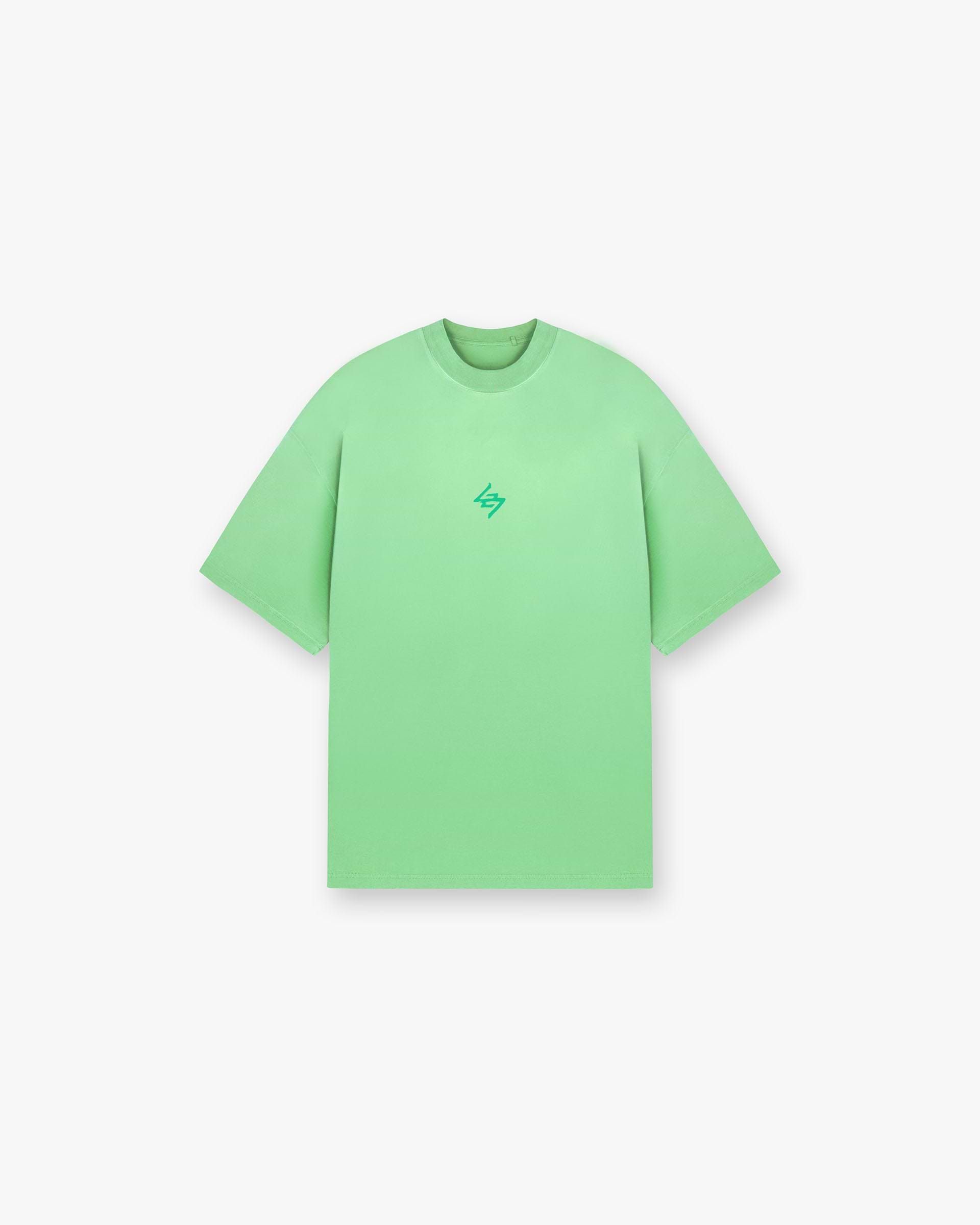 Back product image of a mens green t-shirt on a plain white background | 247 Motion Oversized T-Shirt in Speed Green | Oversized t-shirt with water based graphic print | 247 T-Shirts | Represent Clo