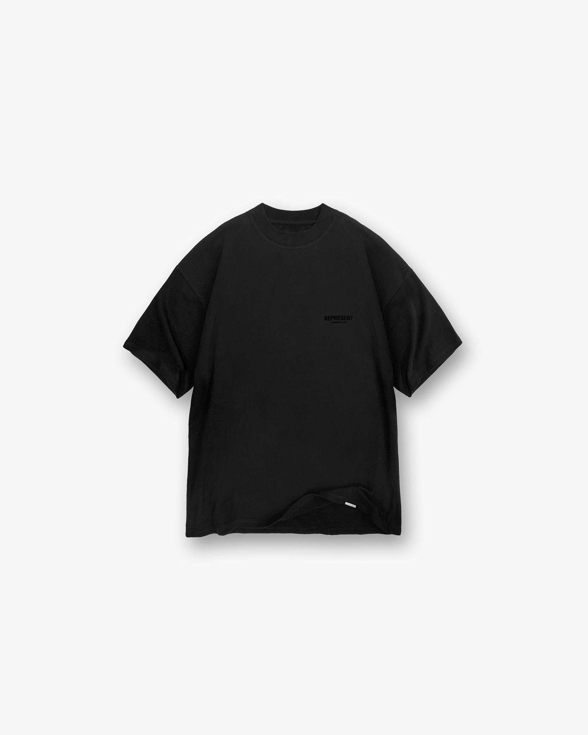 Back product image of a mens black t-shirt on a plain white background | Represent Owners Club Flocked T-Shirt in Black | Oversized t-shirt with flocked graphic print | Owners Club T-Shirts | Represent Clo