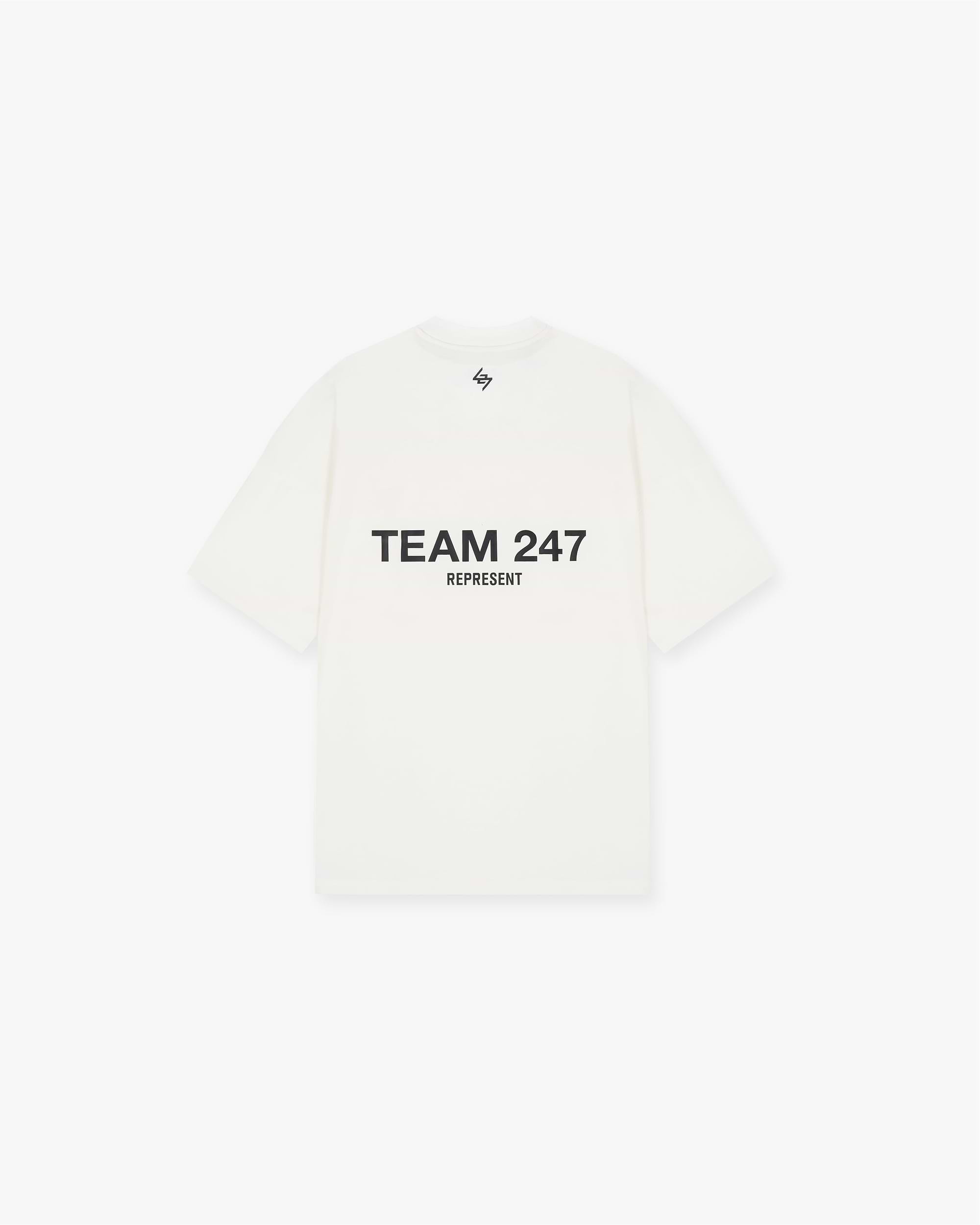Back product image of a mens white t-shirt on a plain white background | Team 247 Oversized T-Shirt in Flat White | Oversized gym t-shirt with high build branding | 247 T-Shirts | Represent Clo