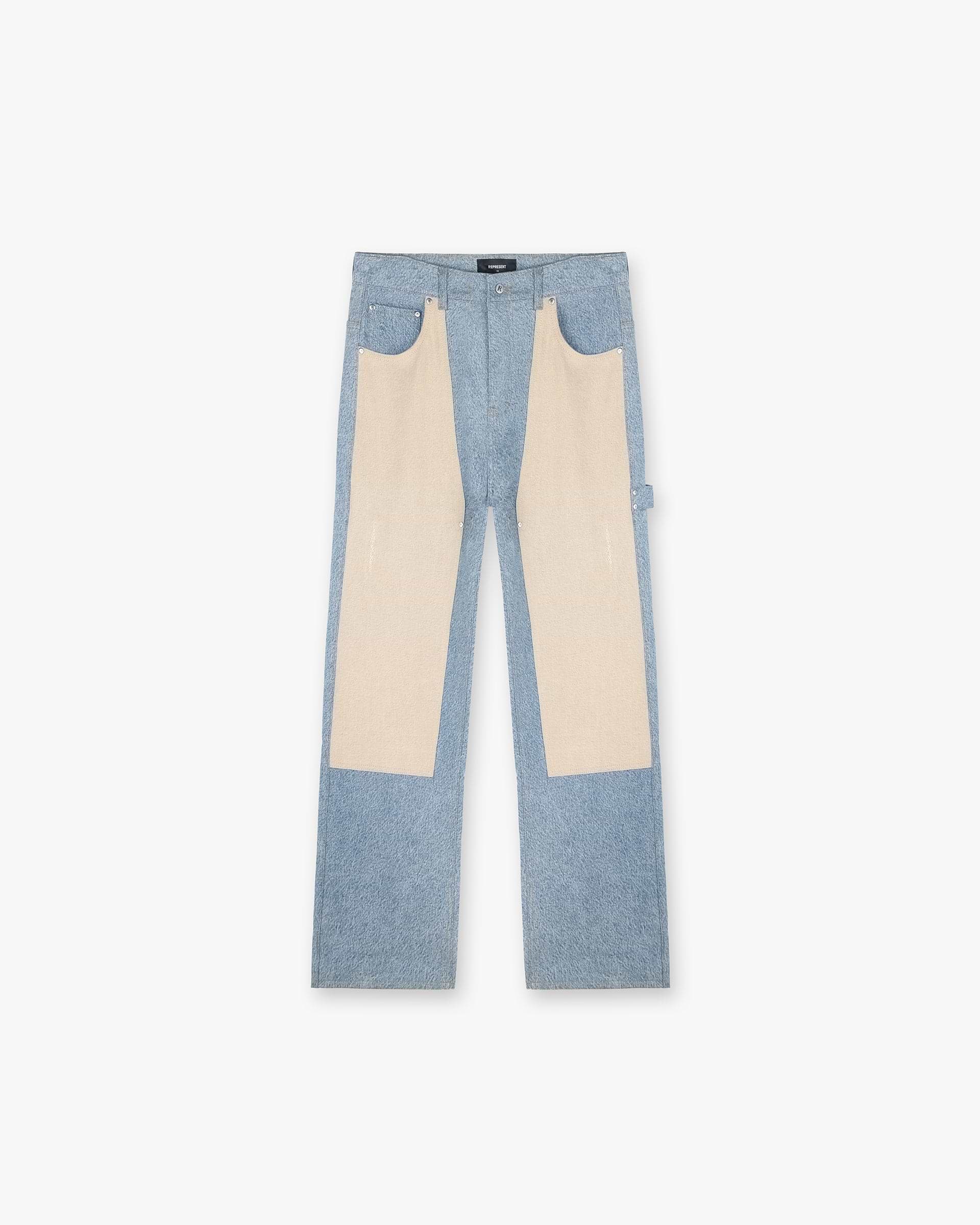 Front product image of mens blue denim on a plain white background | R3C V2 Colour Block Carpenter Denim in Blue | Denim with colour block design | SS24 Denim | Represent Clo