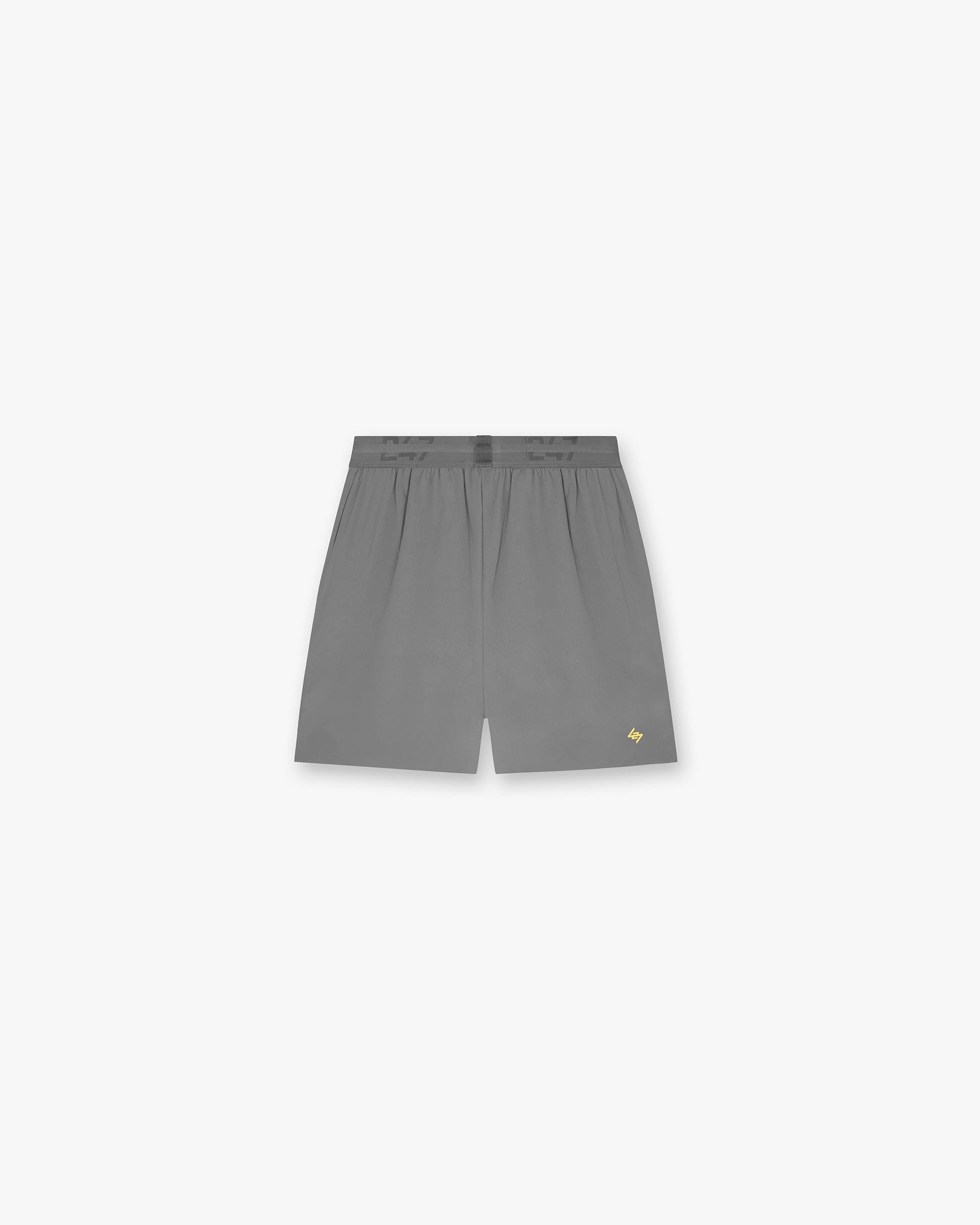 Back product image of mens grey shorts on a plain white background | Team 247 Fused Shorts in Pewter Lemon | Training gym shorts with internal drawcords | 247 Shorts | Represent Clo