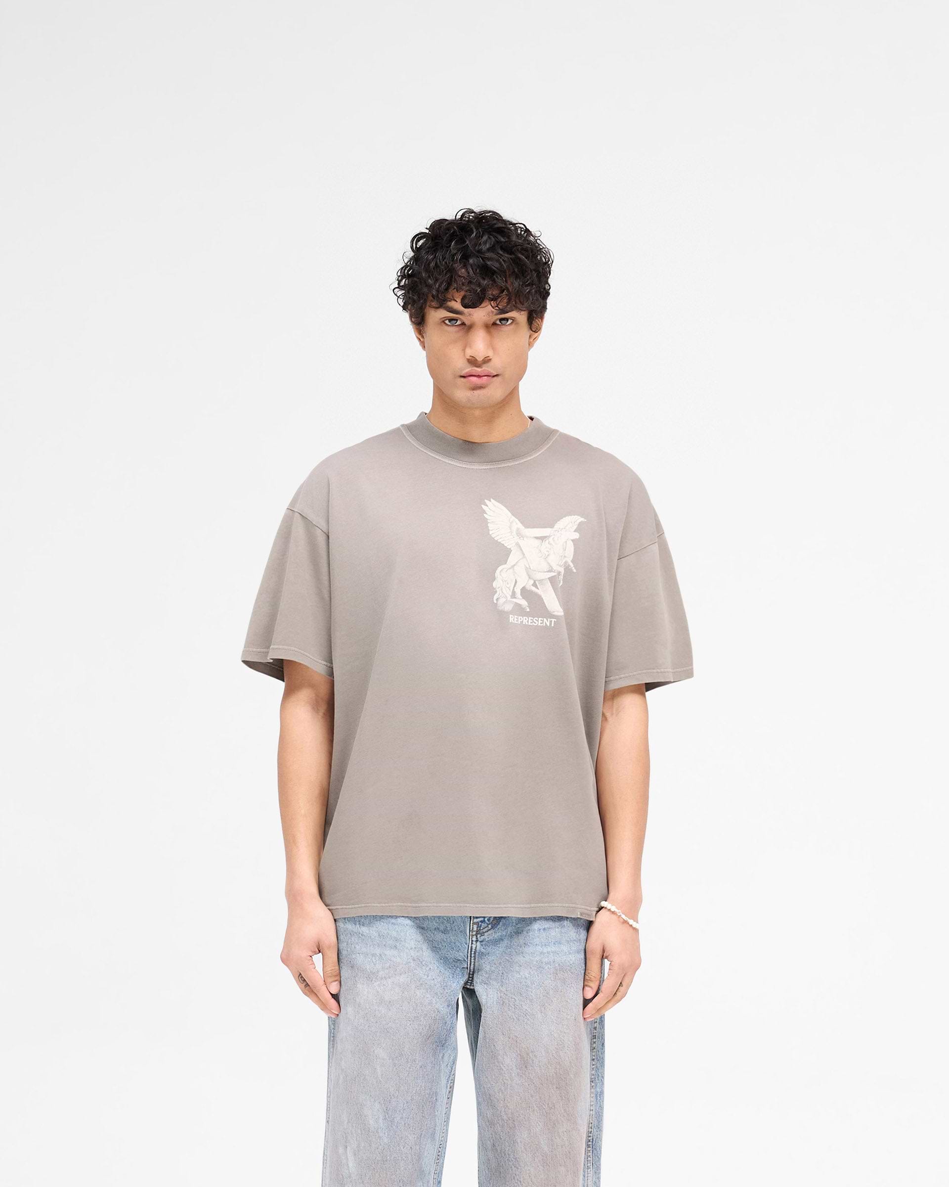 Man wearing a grey t-shirt on a plain white background | Elegance In Motion T-Shirt in Thunder | Slightly oversized t-shirt with graphic | SS25 T-Shirts | Represent Clo