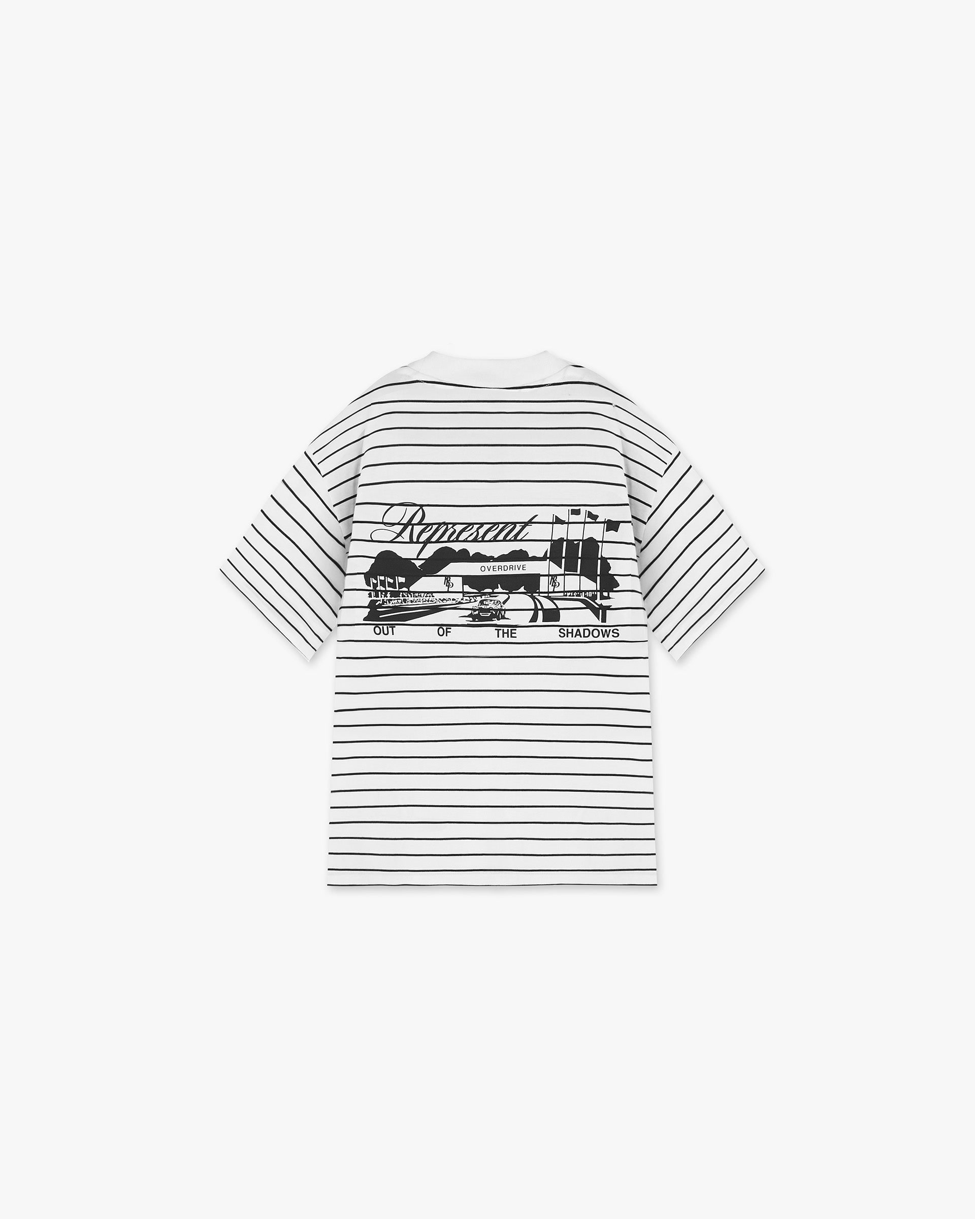 Back product image of a mens white and matcha striped t-shirt on a plain white background | Raceway T-Shirt in Stripe | Oversized t-shirt with screen print graphic | SS25 T-Shirts | Represent Clo