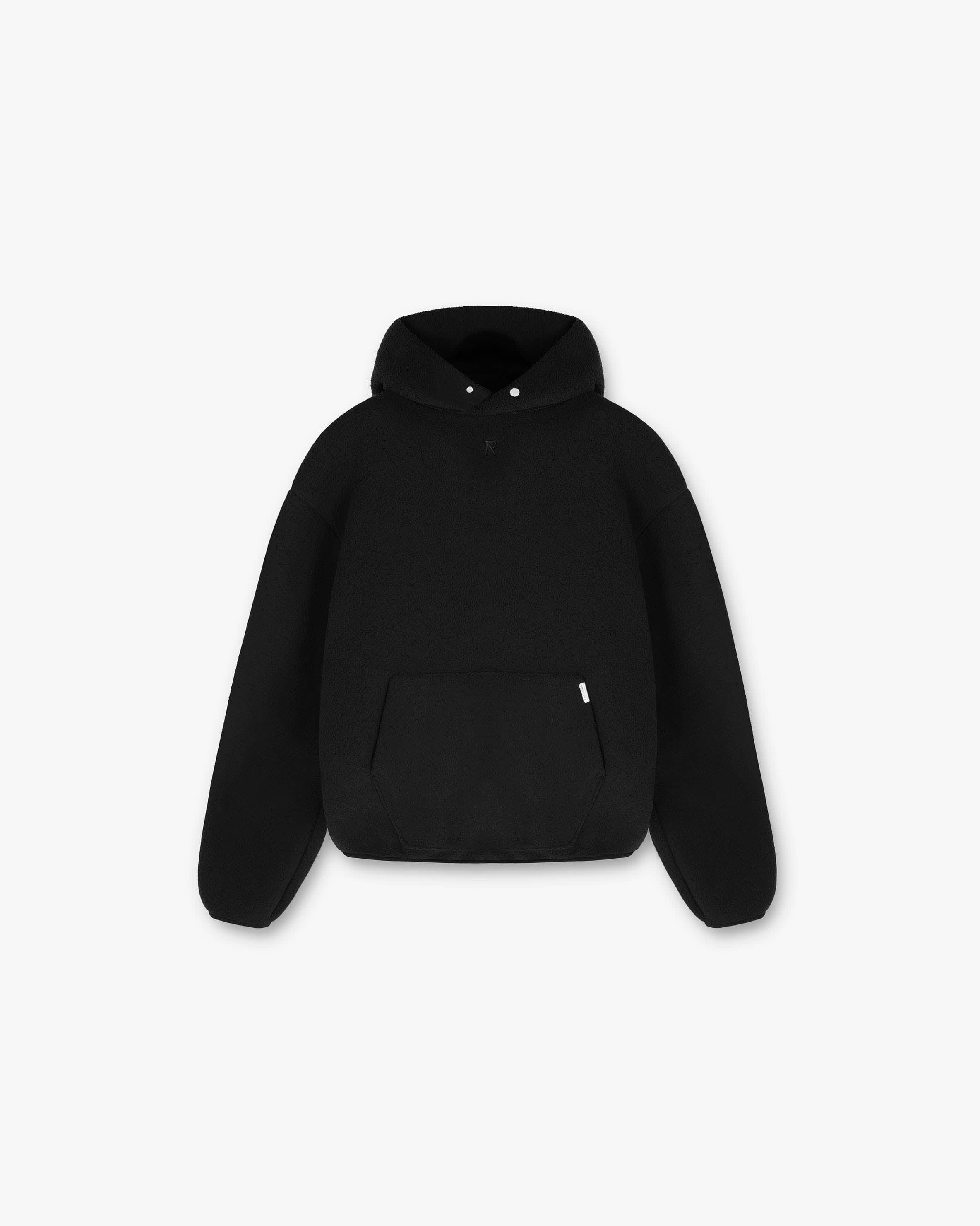 Front product image of a mens black fleece hoodie on a plain white background | Fleece Oversized Hoodie in Black | Oversized hoodie with fleece fabric | PRE SS24 Hoodies | Represent Clo
