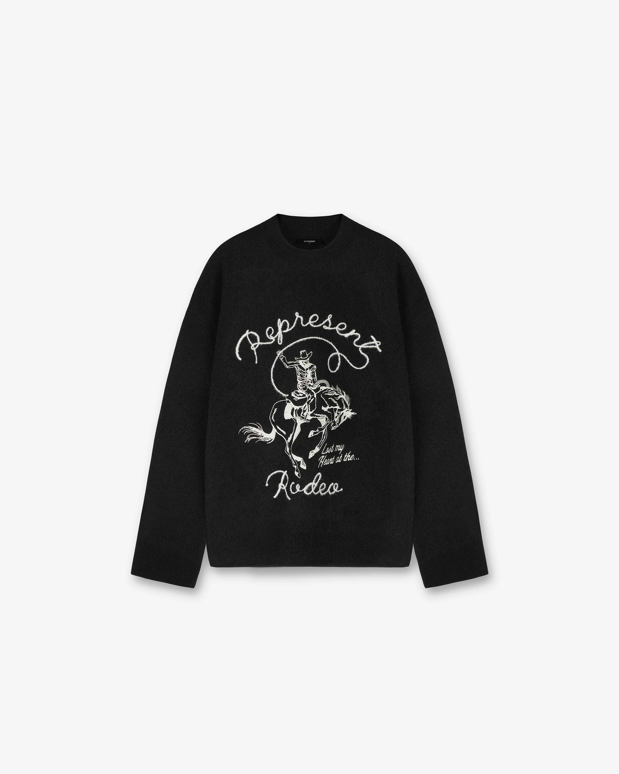 Front product image of a mens black knit sweater on a plain white background | Western Knit Sweatshirt in Jet Black | Slim fit mock neck ribbed knitwear | PRE SS24 Knitwear | Represent Clo