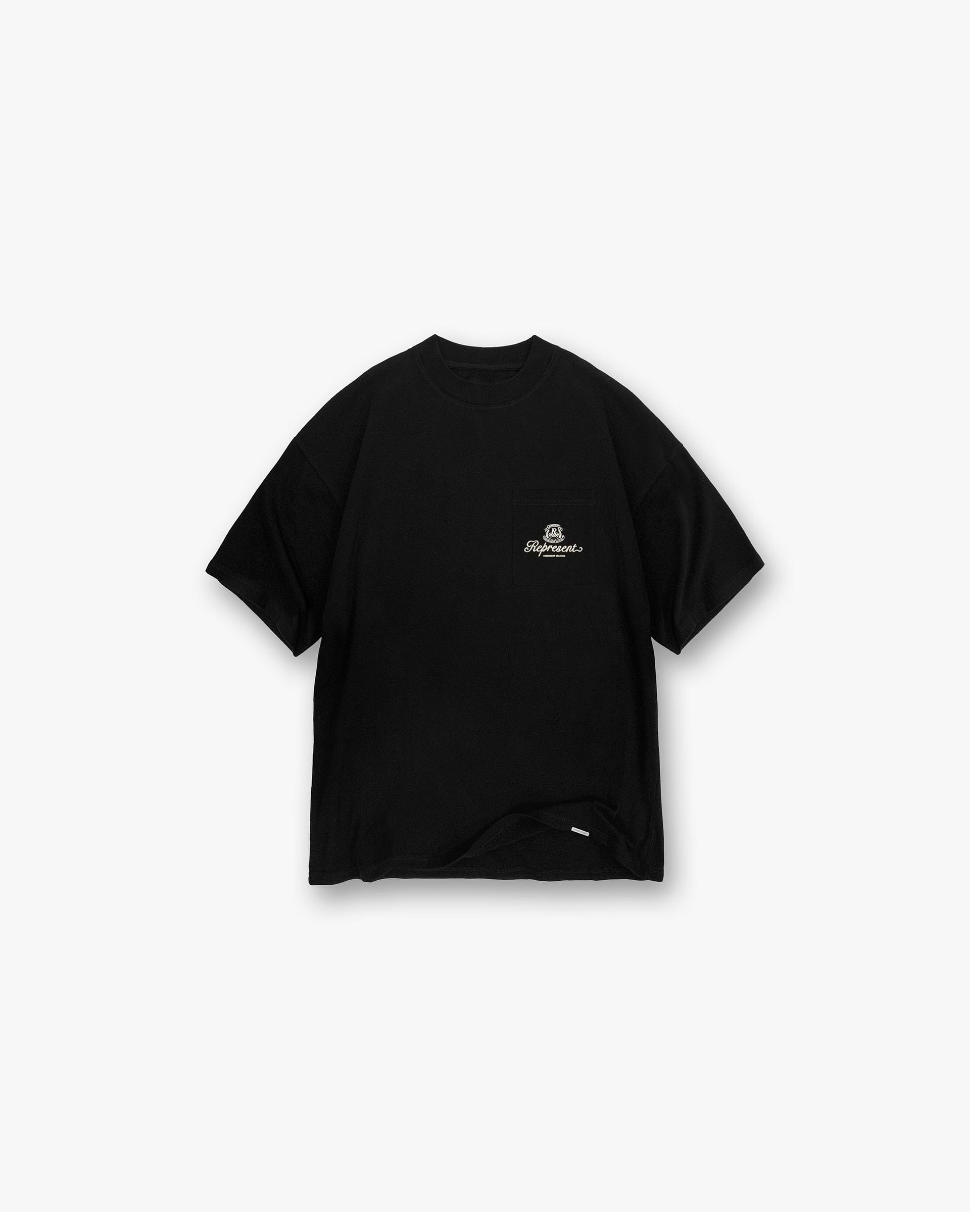 Front product image of a mens black t-shirt on a plain white background | Permanent Vacation Pocket T-Shirt in Jet Black | T-shirt with pocket design | SC24 T-Shirts | Represent Clo
