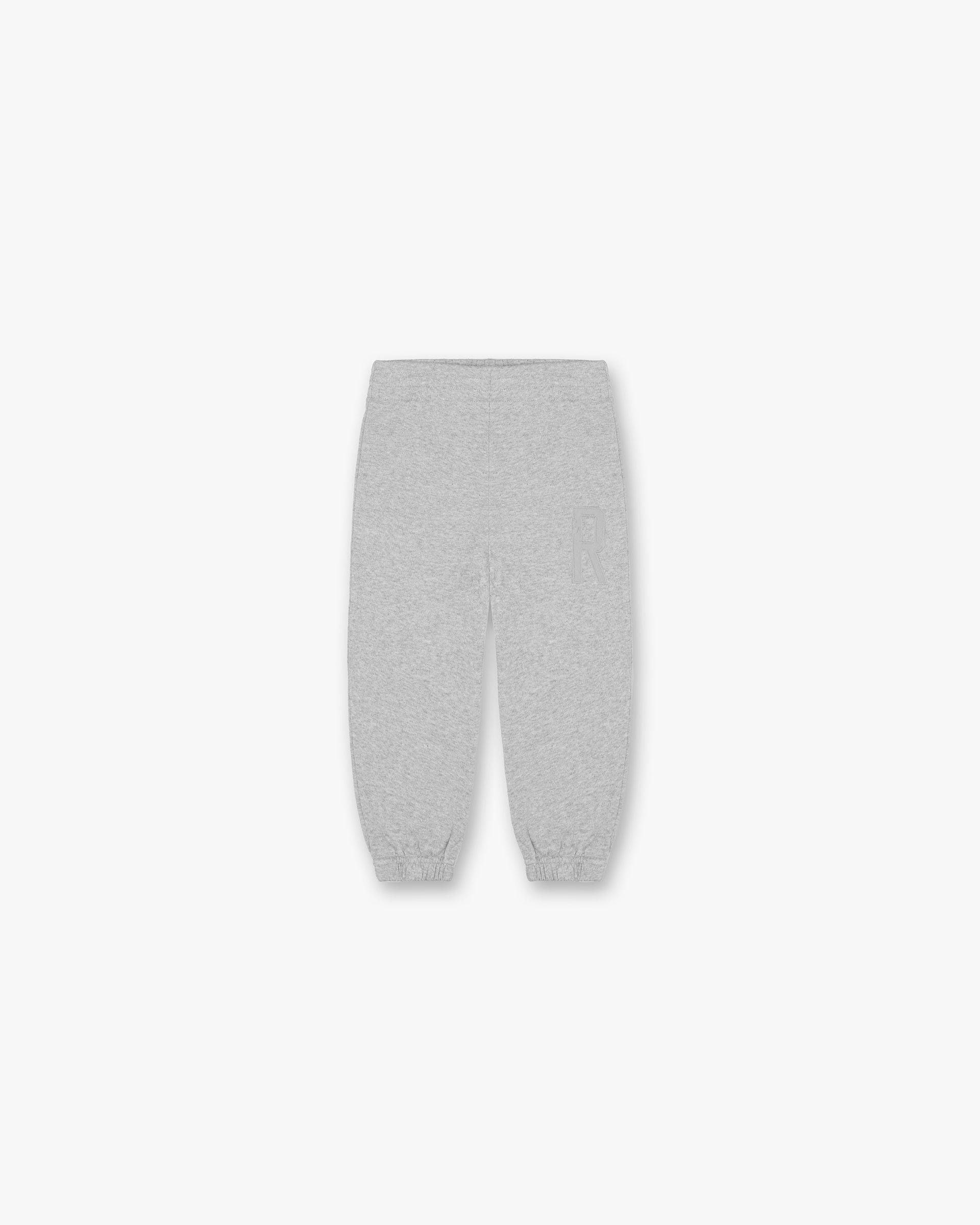 Front product image of mens grey sweatpants on a plain white background | Mini Rep Applique Sweatpants in Grey Marl | Sweatpants with applique detailing | FW24 Pants | Represent Clo