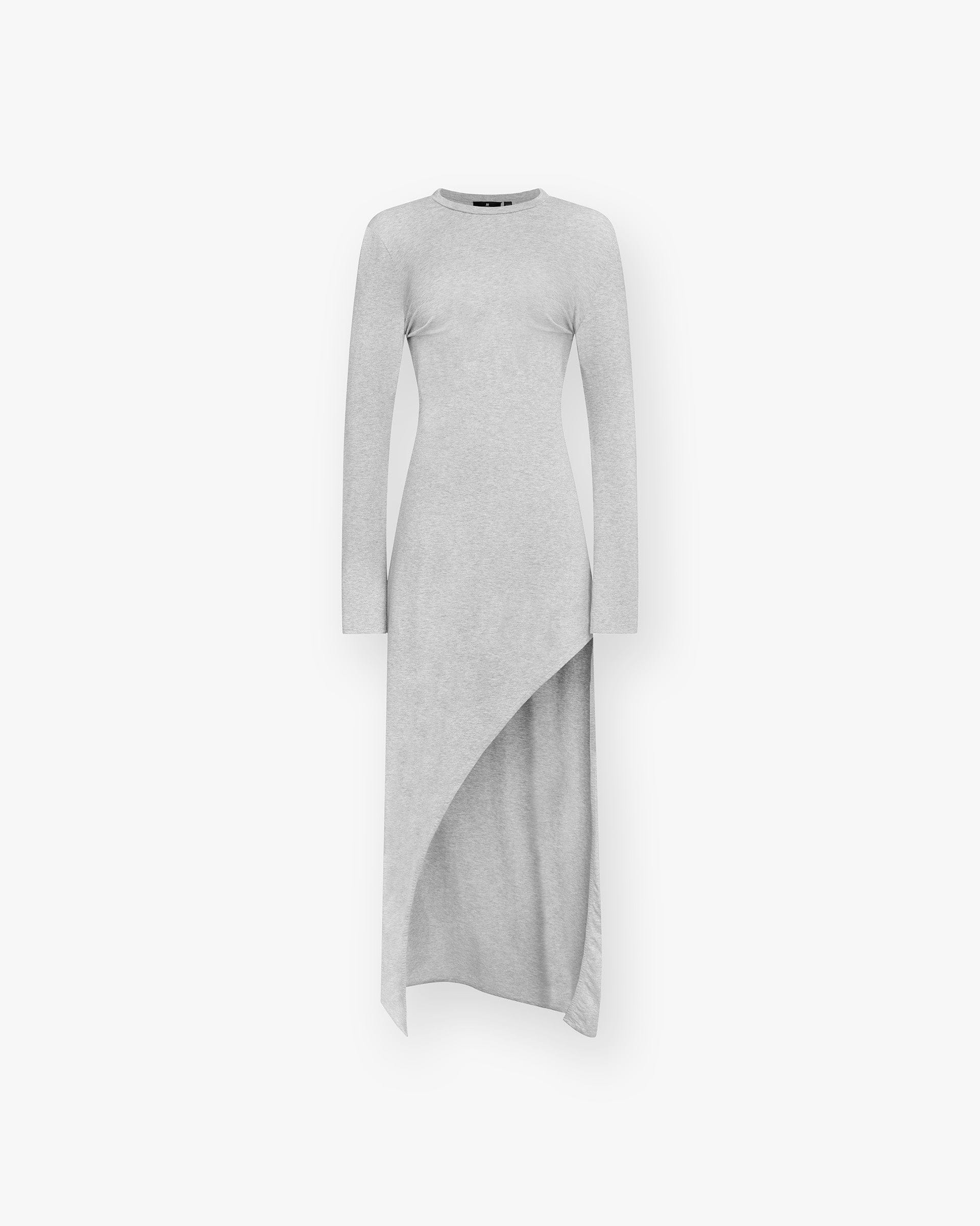 Front product image of a womens grey dress on a plain white background | Flow Dress in Grey Marl | Lightweight dress with a breathable and airy drape | Womens SS25 Dresses | Represent Clo
