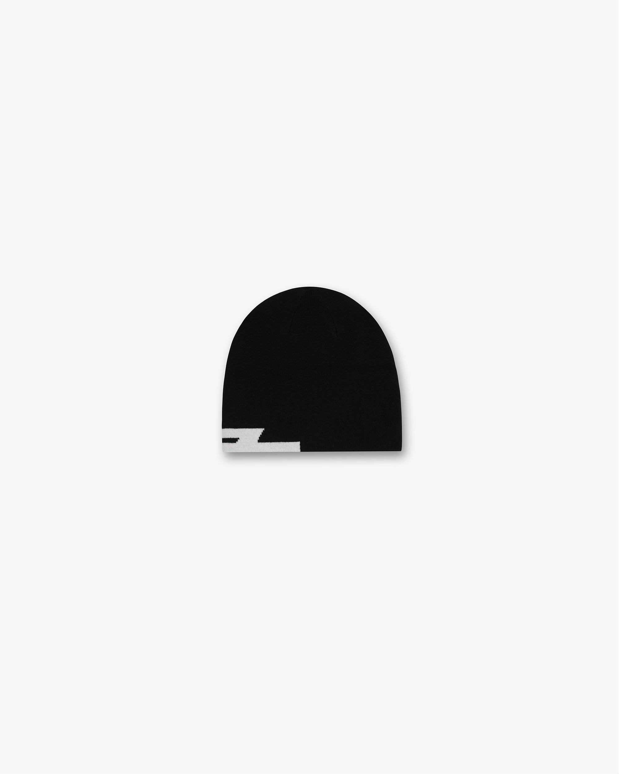 Back product image of a mens black beanie on a plain white background | 247 Logo Beanie in Black | Wool blend beanie with cutoff 247 logo | 247 Accessories | Represent Clo