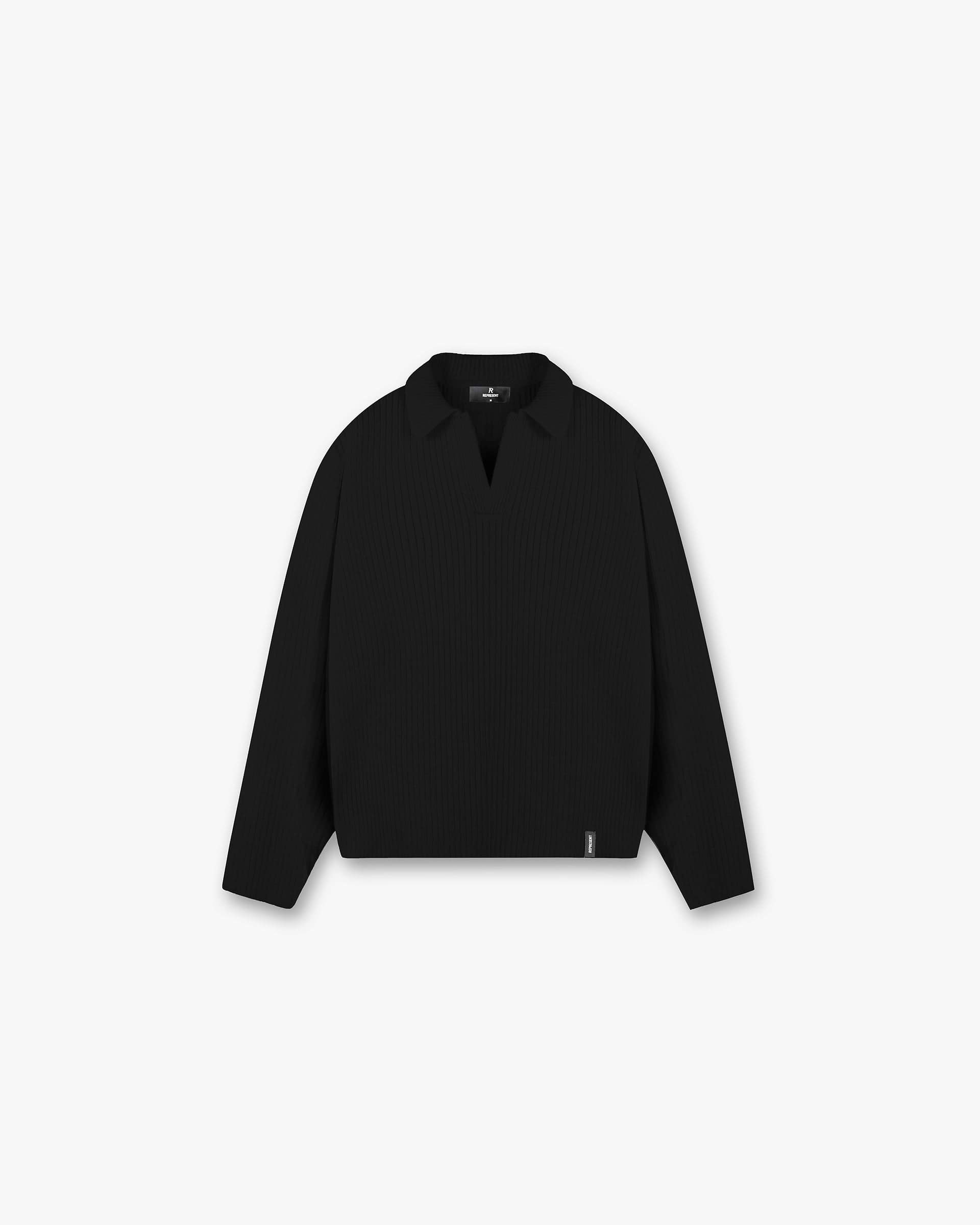 Front product image of a mens black polo on a plain white background | Ribbed Knit Polo in Jet Black | Ribbed knitwear polo | FW24 Knitwear | Represent Clo