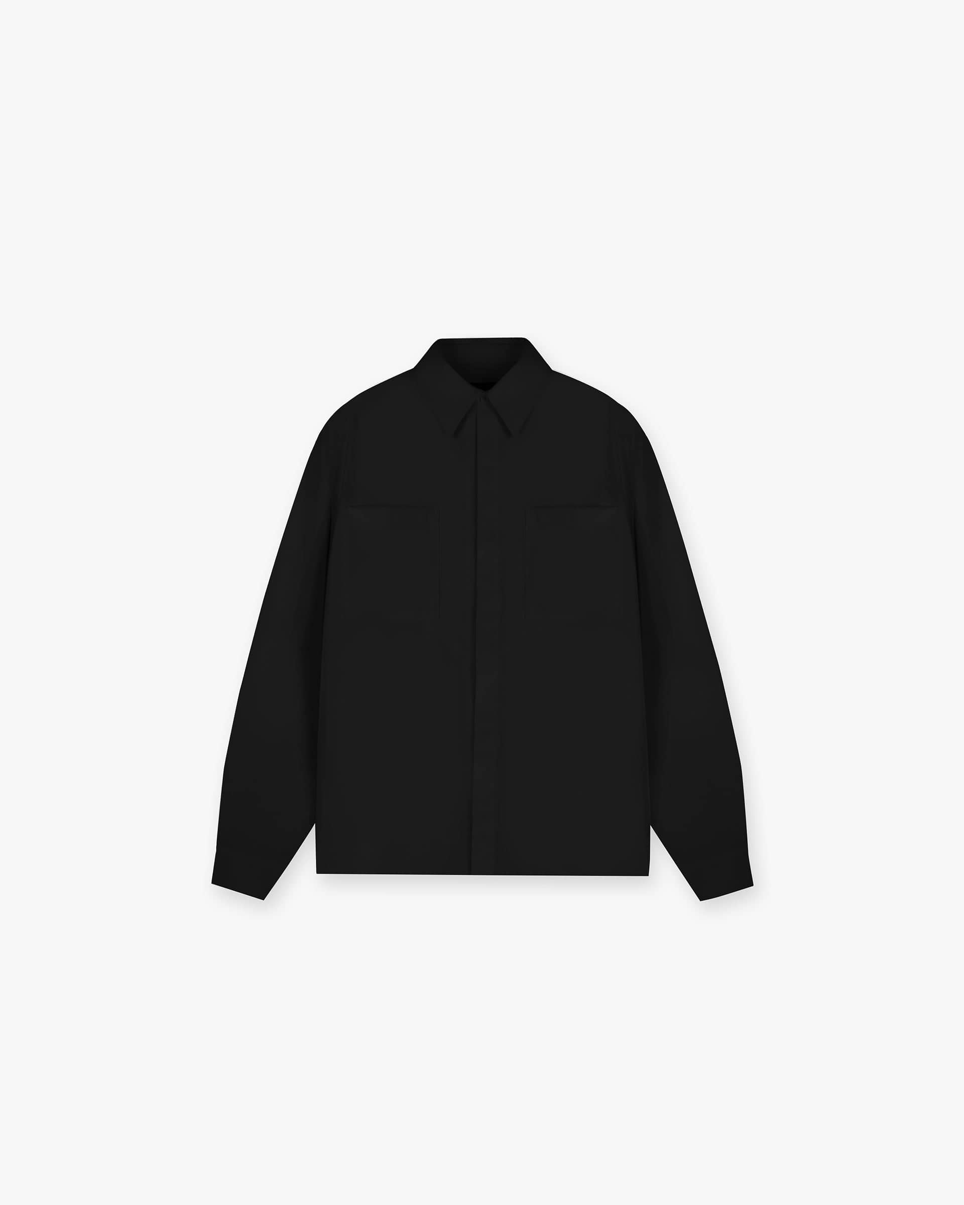 Front product image of a mens black shirt on a plain white background | Initial Shirt in Black | Shirt made from recycled nylon blend | Initial Shirts | Represent Clo