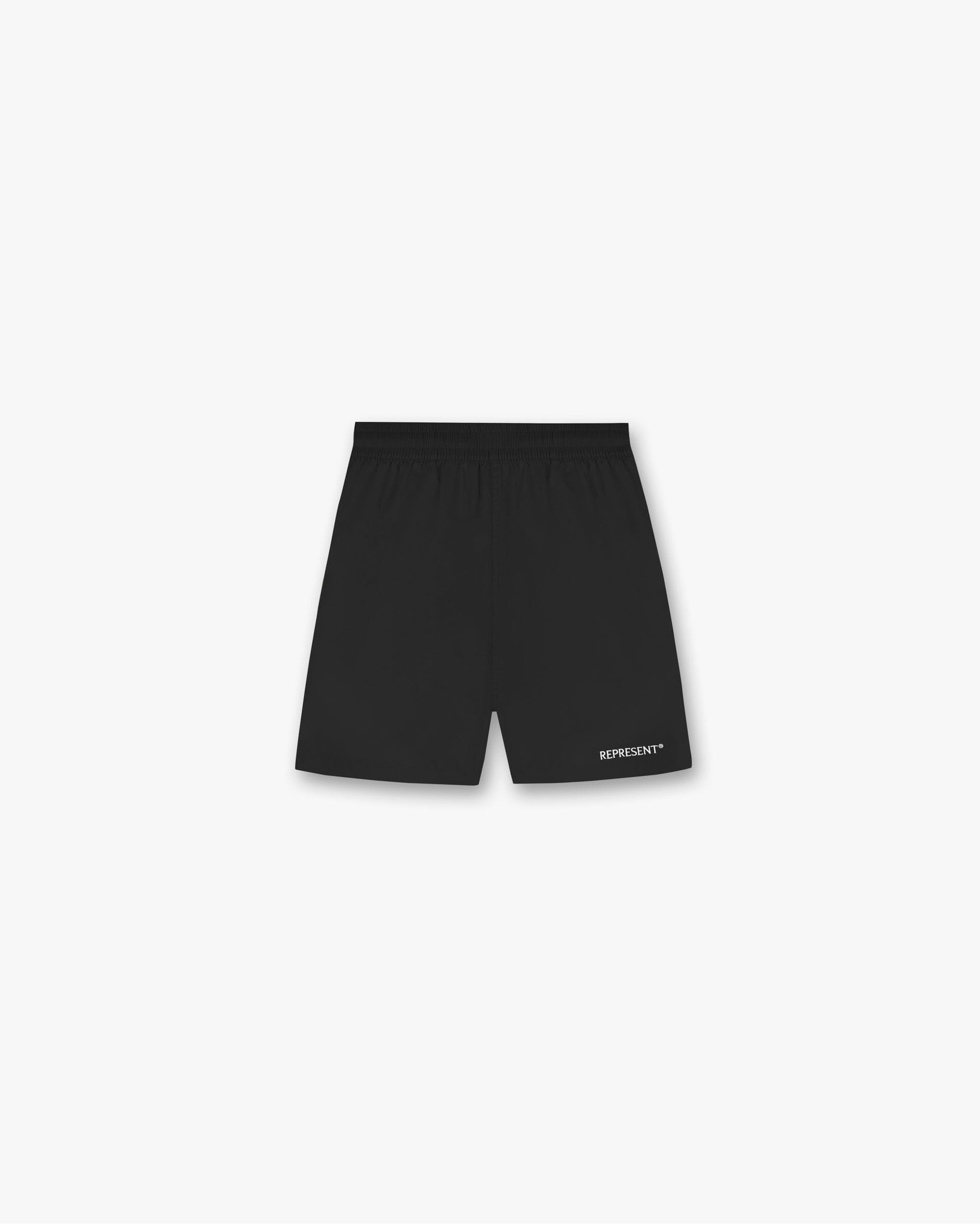 Front product image of mens black shorts on a plain white background | Represent Short in Black | Shorts with elasticated waistband and side seam pockets | SS24 Shorts | Represent Clo