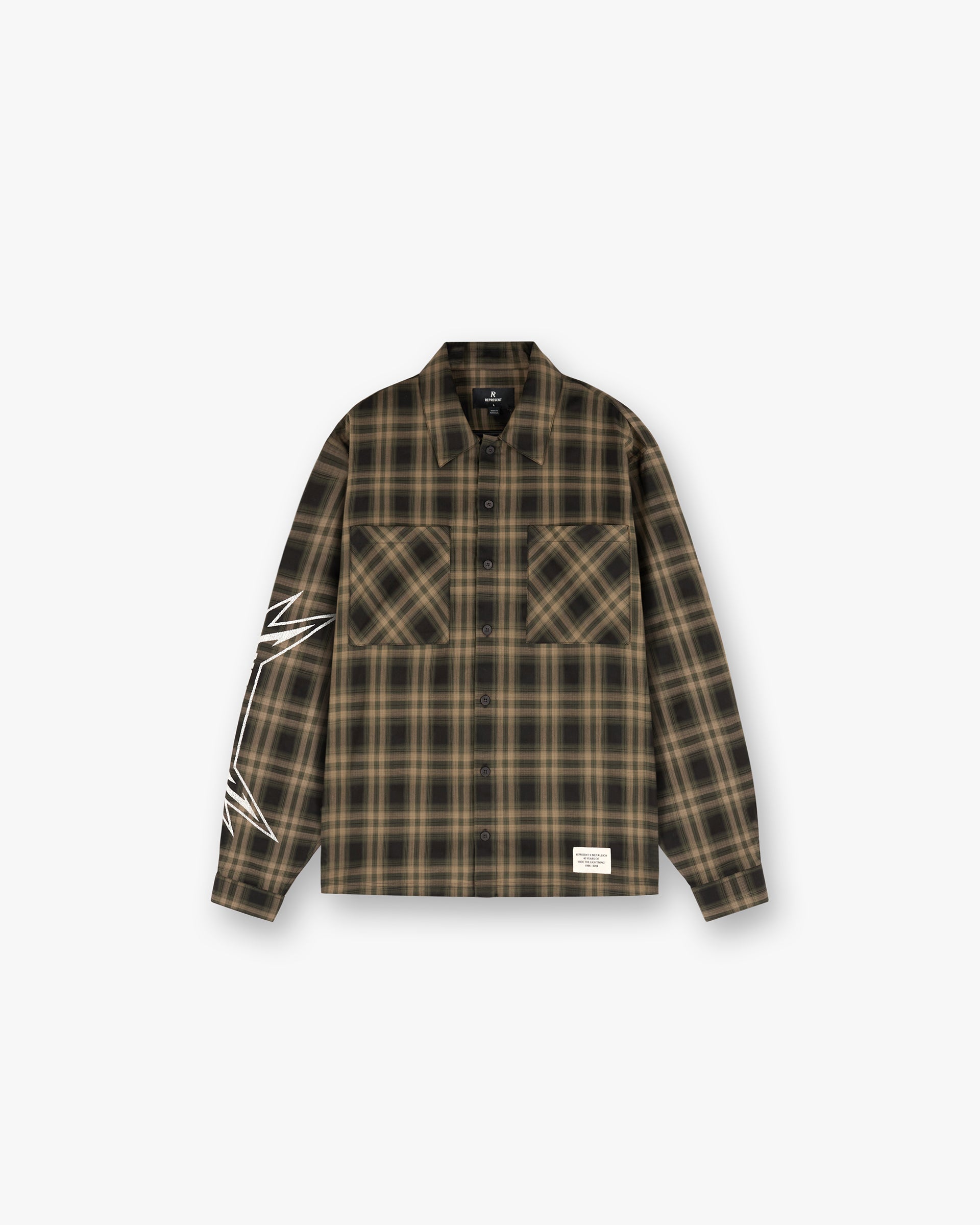 Front product image of a mens brown flannel shirt on a plain white background | Represent X Metallica Flannel Shirt in Tobacco | Flannel shirt with Metallica collaboration | SS24 Shirts | Represent Clo