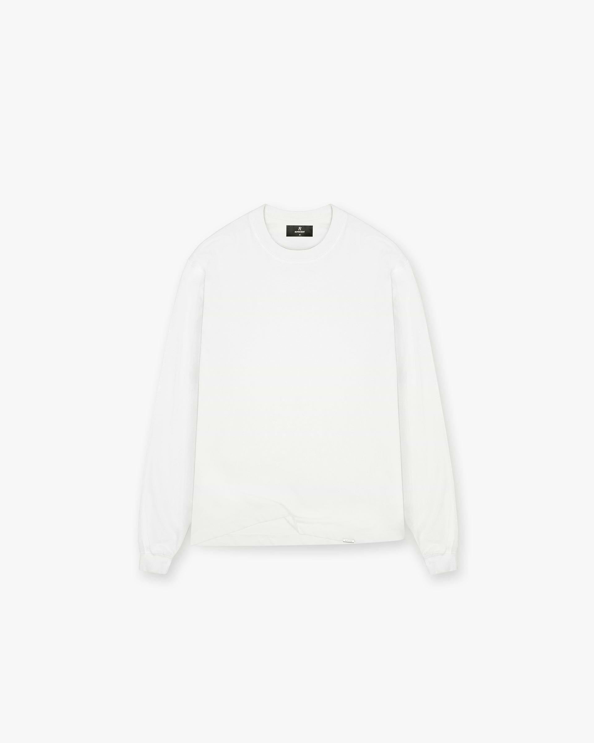 Front product image of a mens white long sleeve t-shirt on a plain white background | Initial Long Sleeve T-Shirt in Flat White | Oversized fit long sleeve t-shirt | Initial T-Shirts | Represent Clo