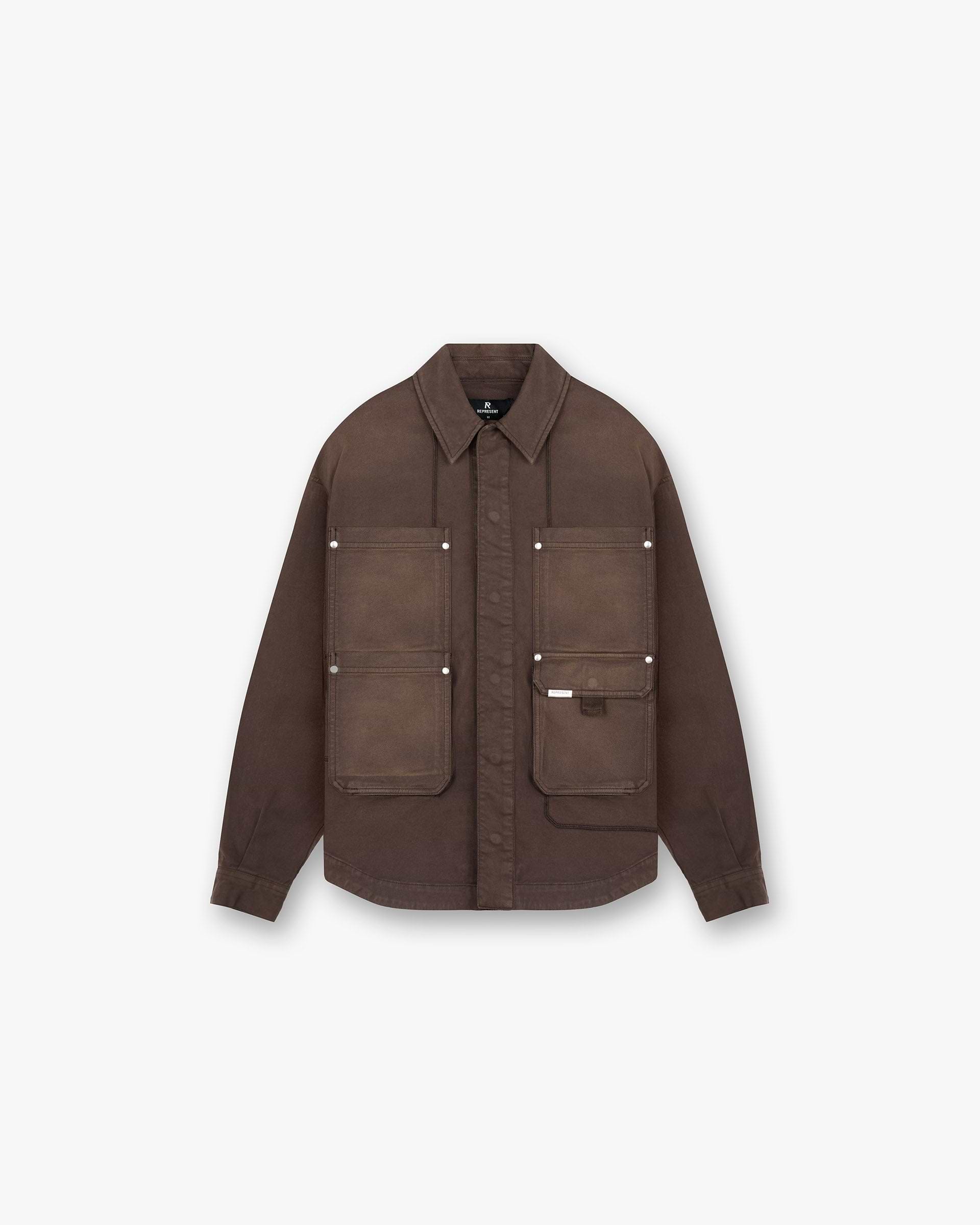 Front product image of a mens brown shirt on a plain white background | Workshop Shirt in Cedar | Brown shirt with classic collar | FW24 Shirts | Represent Clo