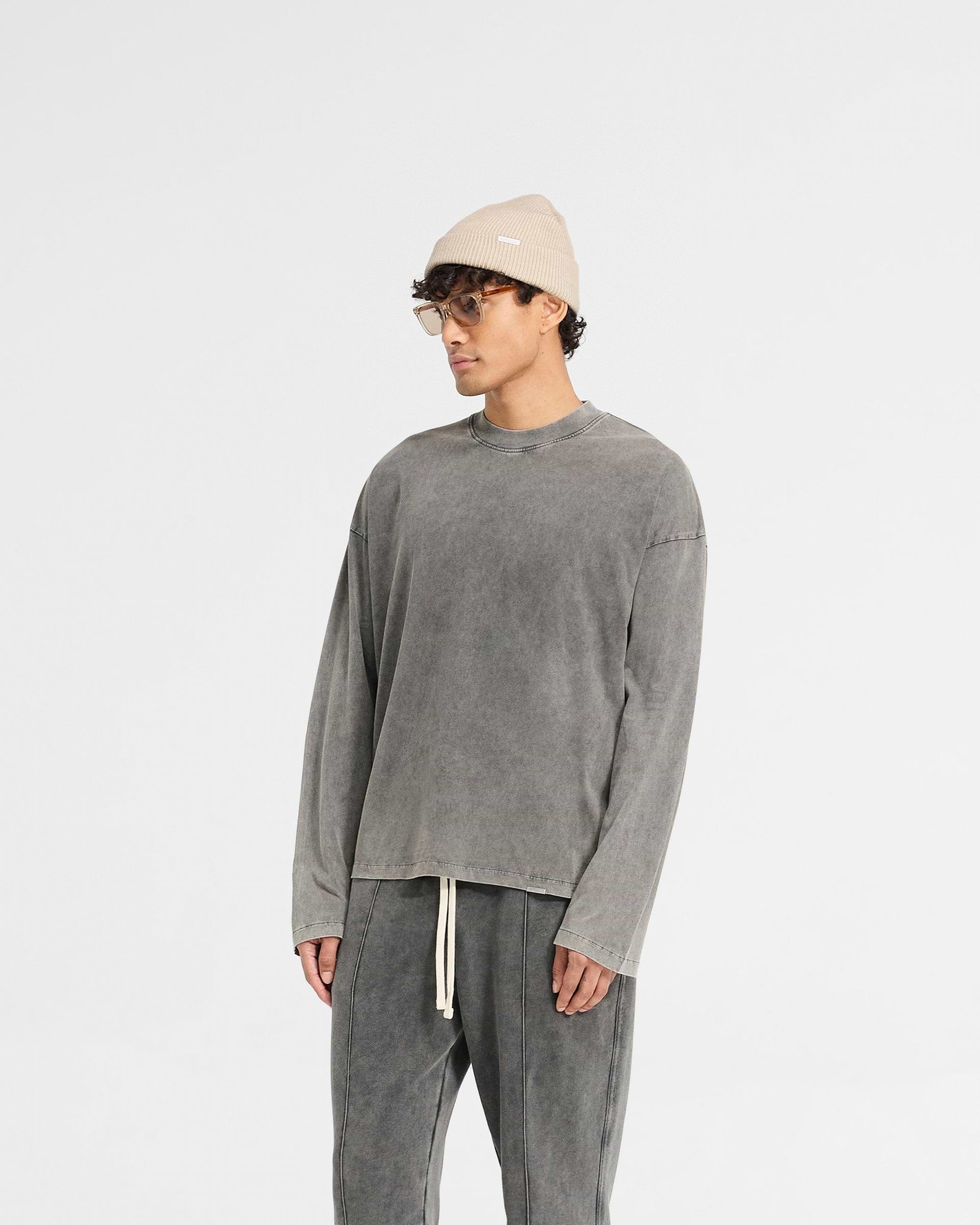 Back product image of a mens grey long sleeve t-shirt on a plain white background | Initial Long Sleeve Open Cuff T-Shirt in Vintage Grey | Oversized jersey t-shirt with open cuffs and embroidered details | Initial T-Shirts | Represent Clo