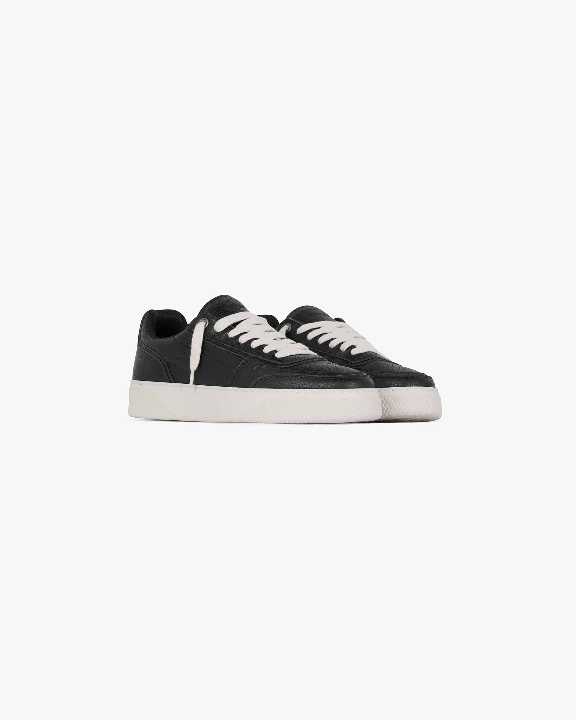 Back product image of a mens black leather sneaker on a plain white background | Initial Sneaker in Black | Tumbled leather upper with rubber midsole and tread | FW24 Footwear | Represent Clo