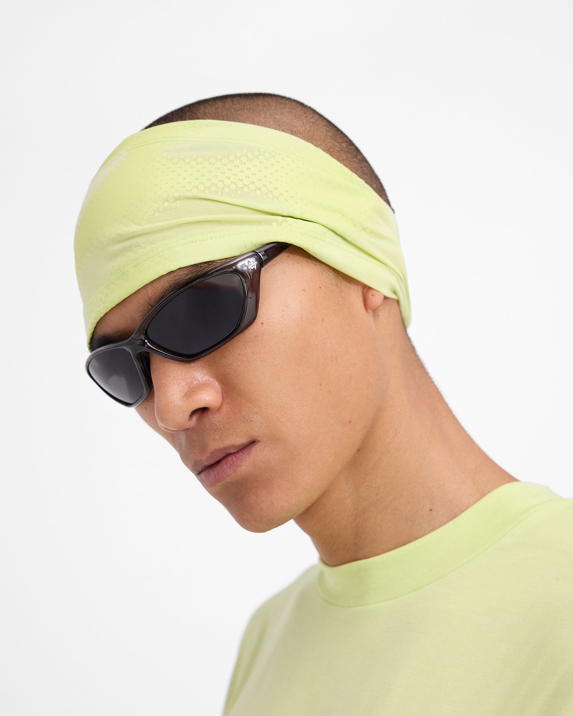 Back product image of a mens shadow lime headband on a plain white background | 247 Future Terrains Headband in Shadow Lime | Sweat-absorbing training headband with abstract print | 247 Accessories | Represent Clo